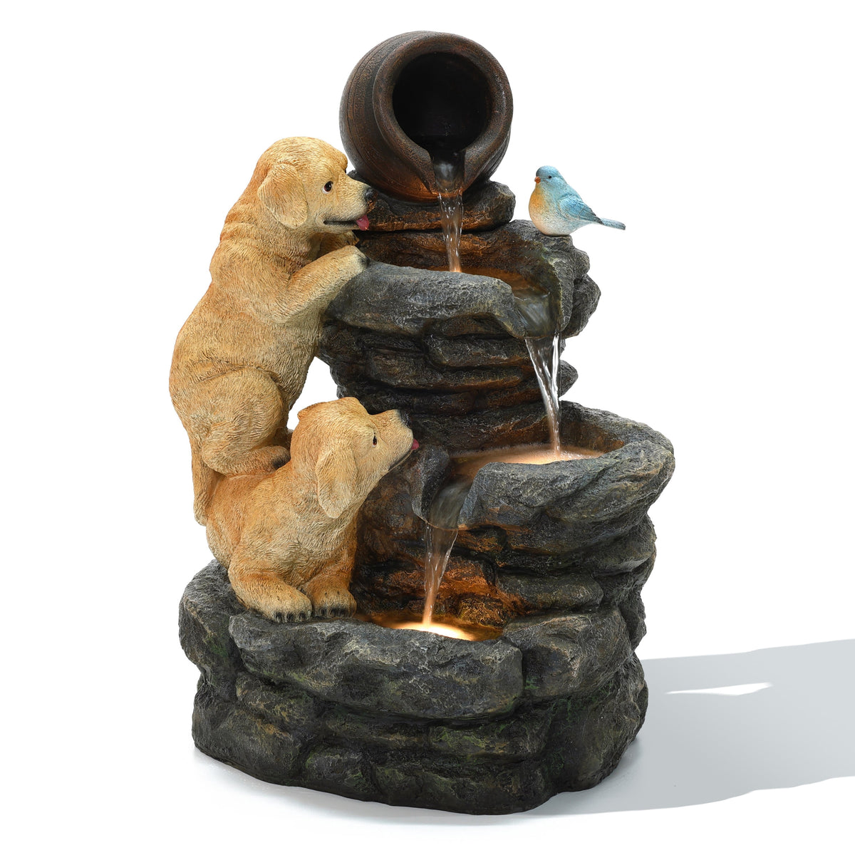 Outdoor Water Fountain, 26" Puppy and Rock Resin Water Fountains Indoor with LED Lights