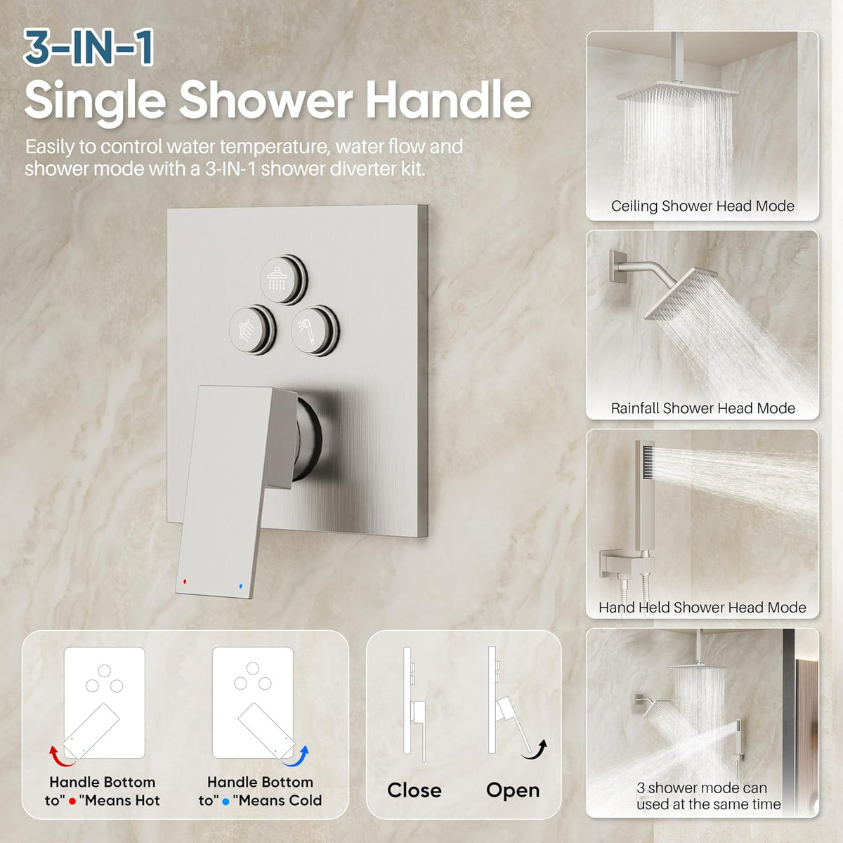 Brushed Nickel Shower System, Dual Shower Head Combo with Handheld