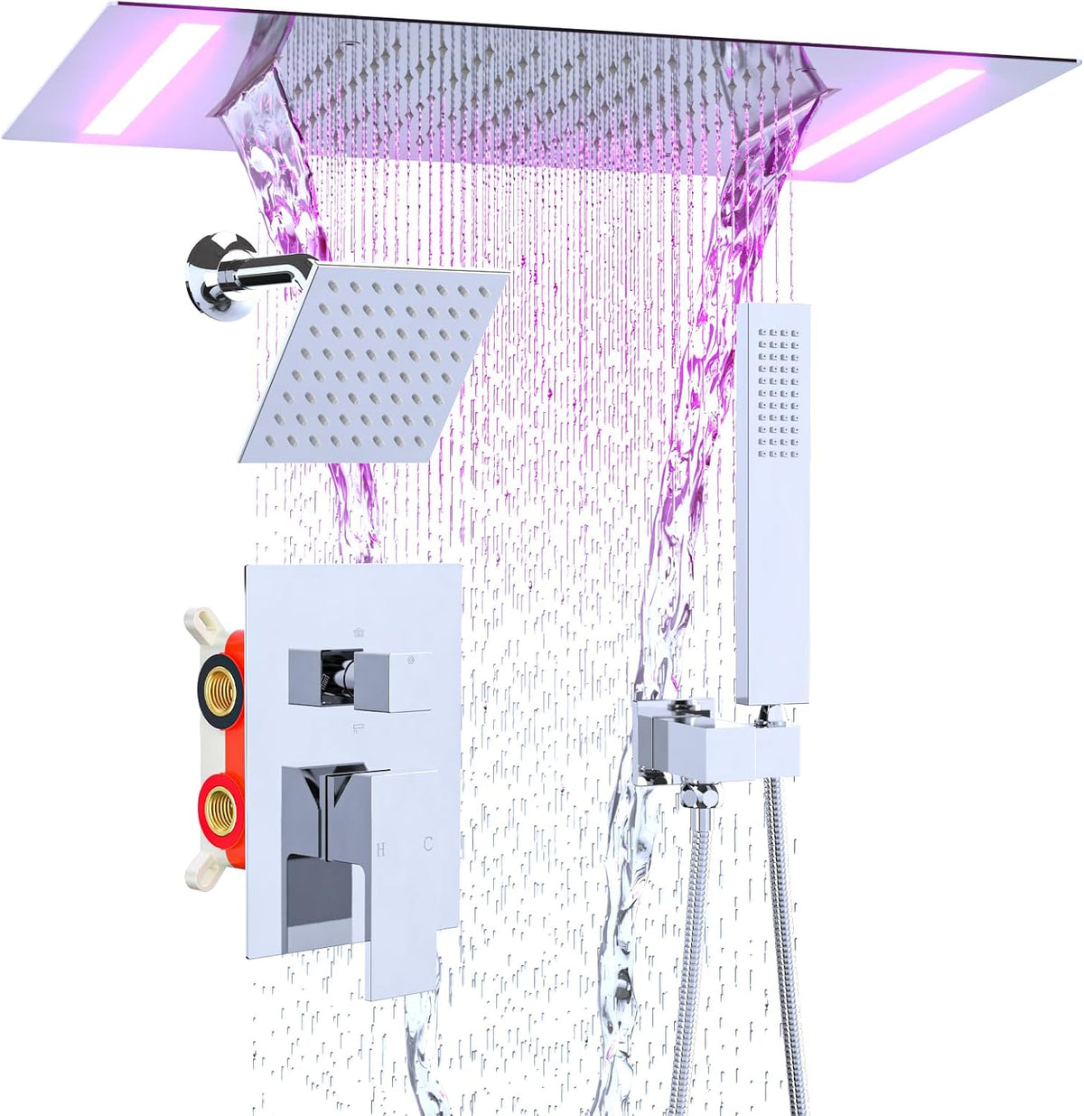 Dual Rain Shower Head System, 2 in 1 Functions Ceiling Mount 14X20Inch LED Shower Head with 6 Inch Shower Head, Rainfall Waterfall Shower Faucet Set, Chrome