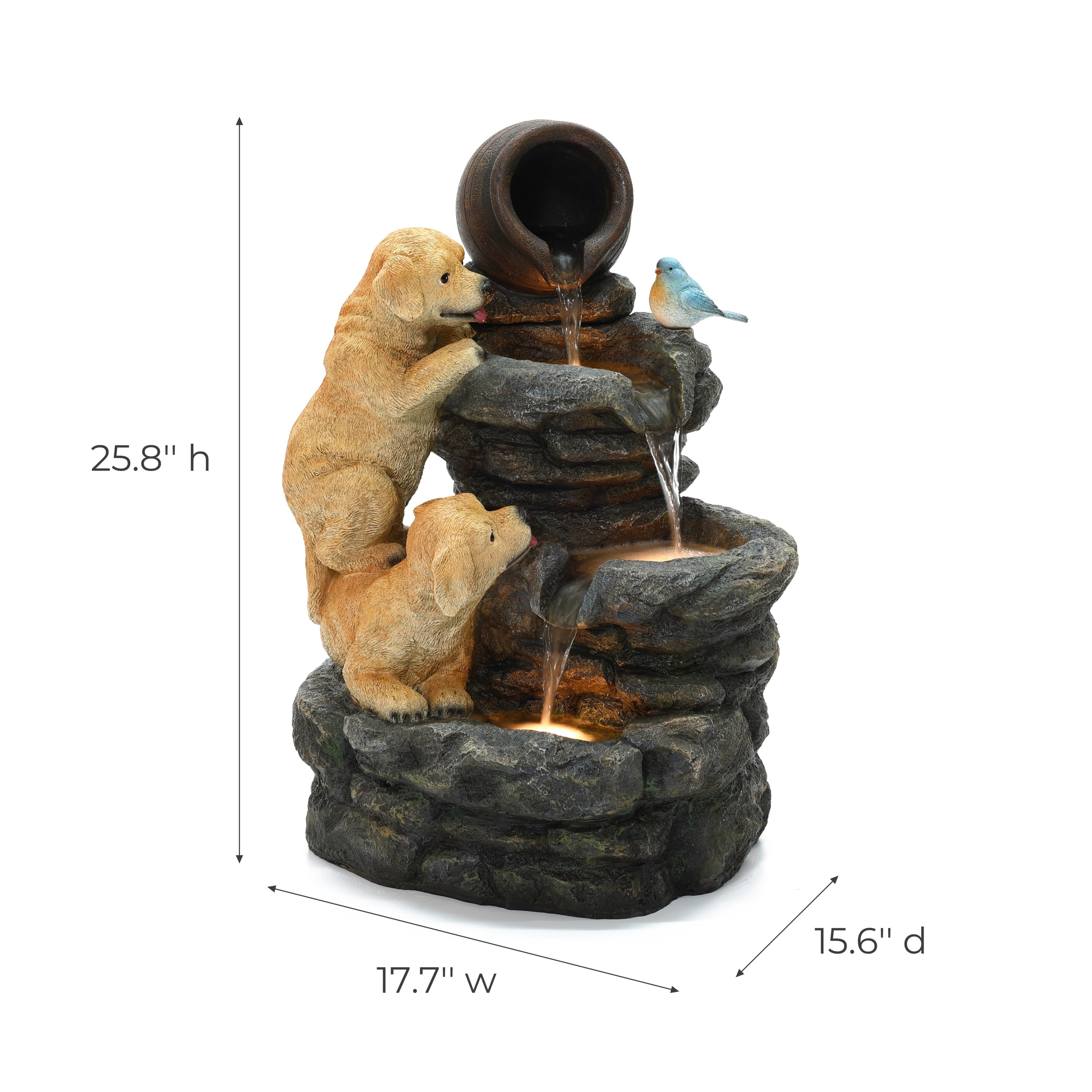 Outdoor Water Fountain, 26" Puppy and Rock Resin Water Fountains Indoor with LED Lights