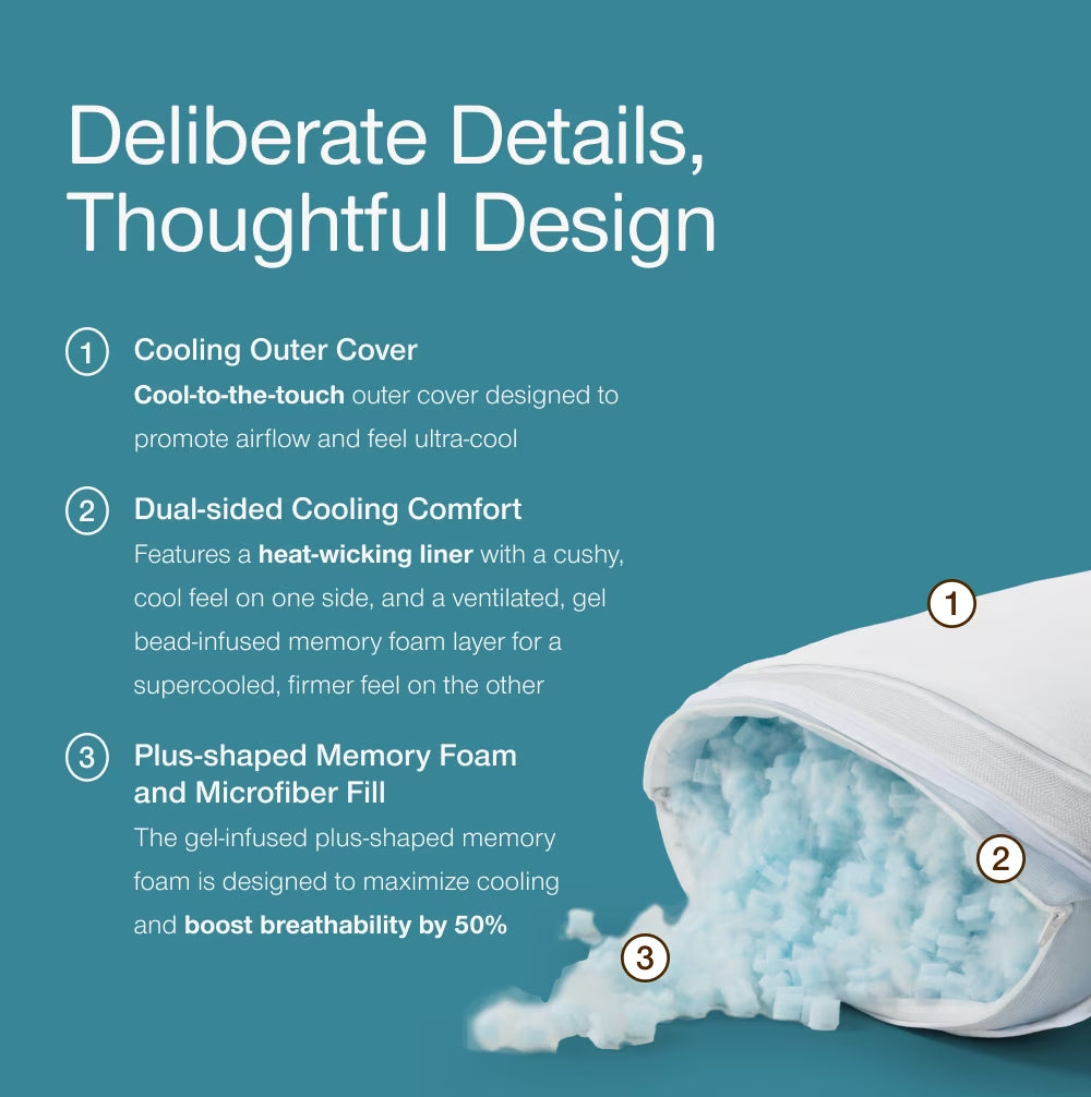 Sleep Goods Eden Cool+ Adjustable Pillow, Queen, Memory Foam, Cooling Gel, Neck Support