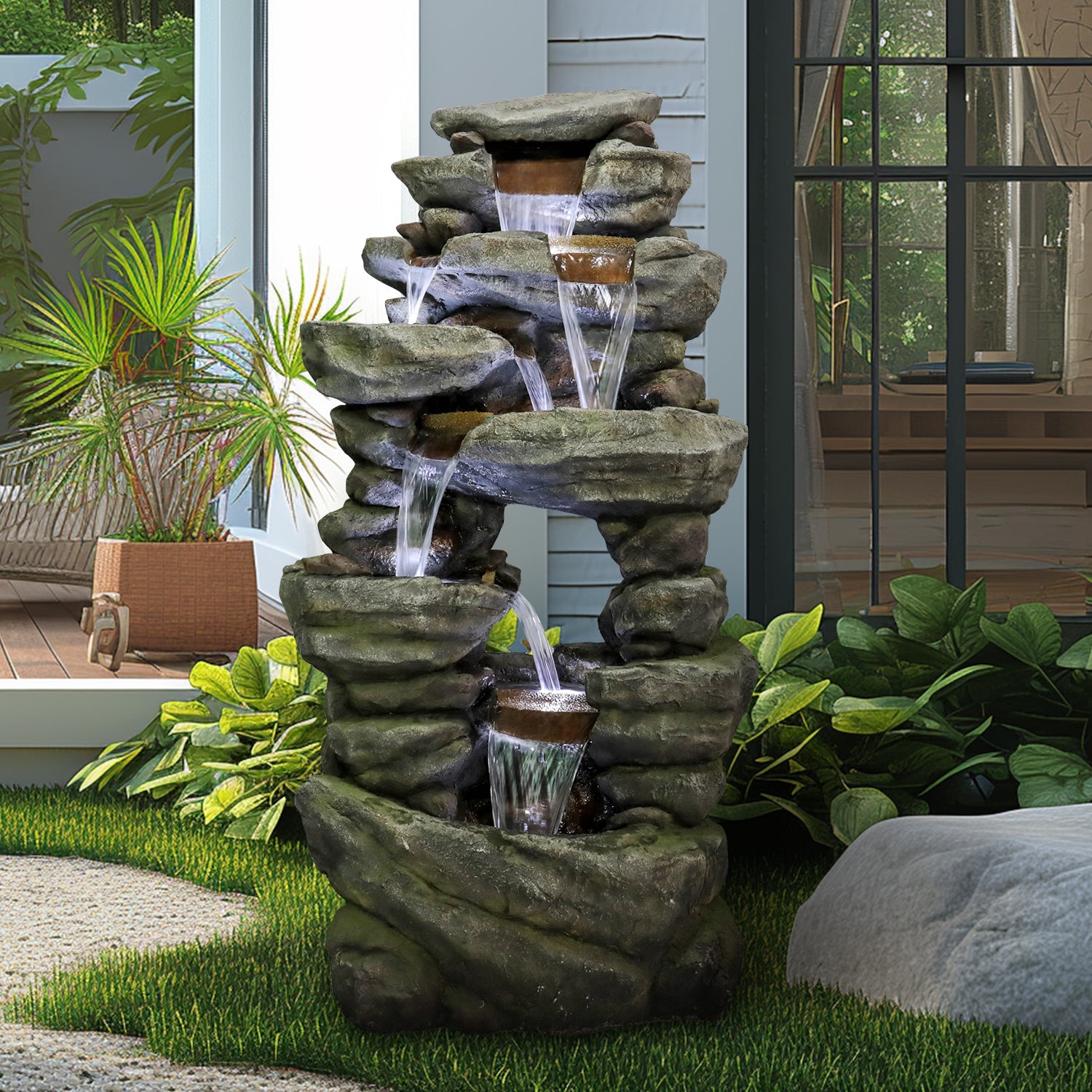 Resin Rock Waterfall Fountain Large 60 Inch 7 Tier