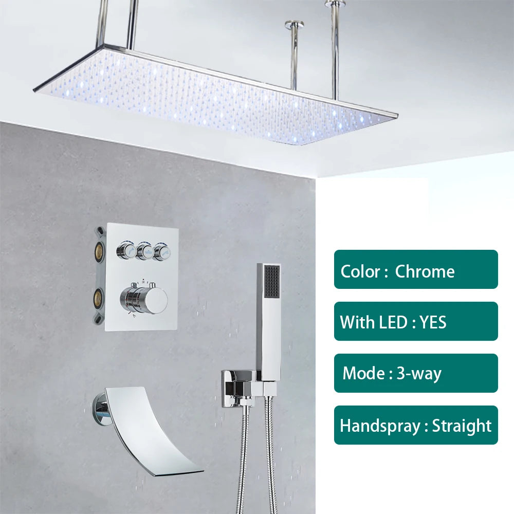 Ceiling Shower Faucet Big Rainfall LED Shower Head Concealed Shower System Black Embedded Shower