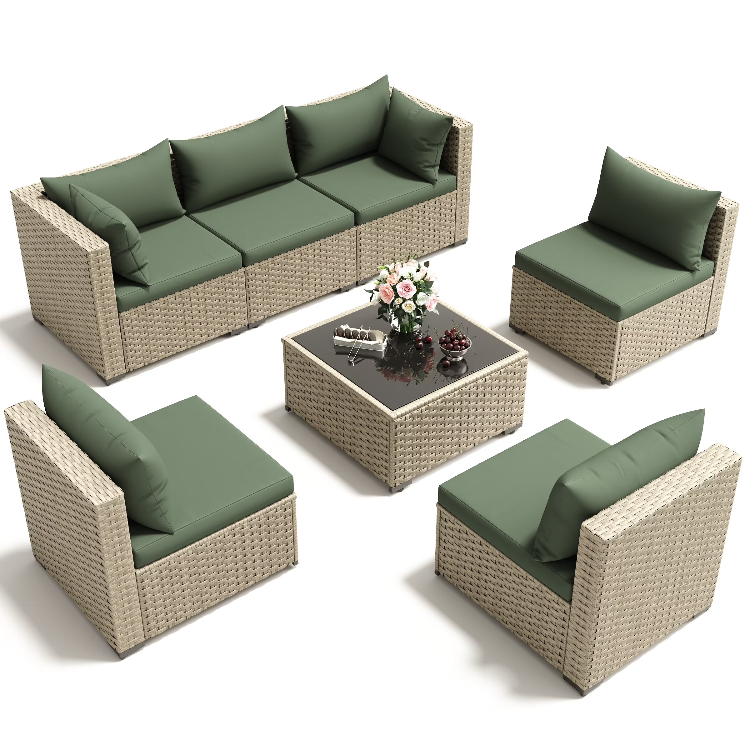 7 Pieces Outdoor Patio Furniture Set, Grey Rattan Wicker Outdoor Conversation Sectional Sofa Set with Cushions for Backyard, Green