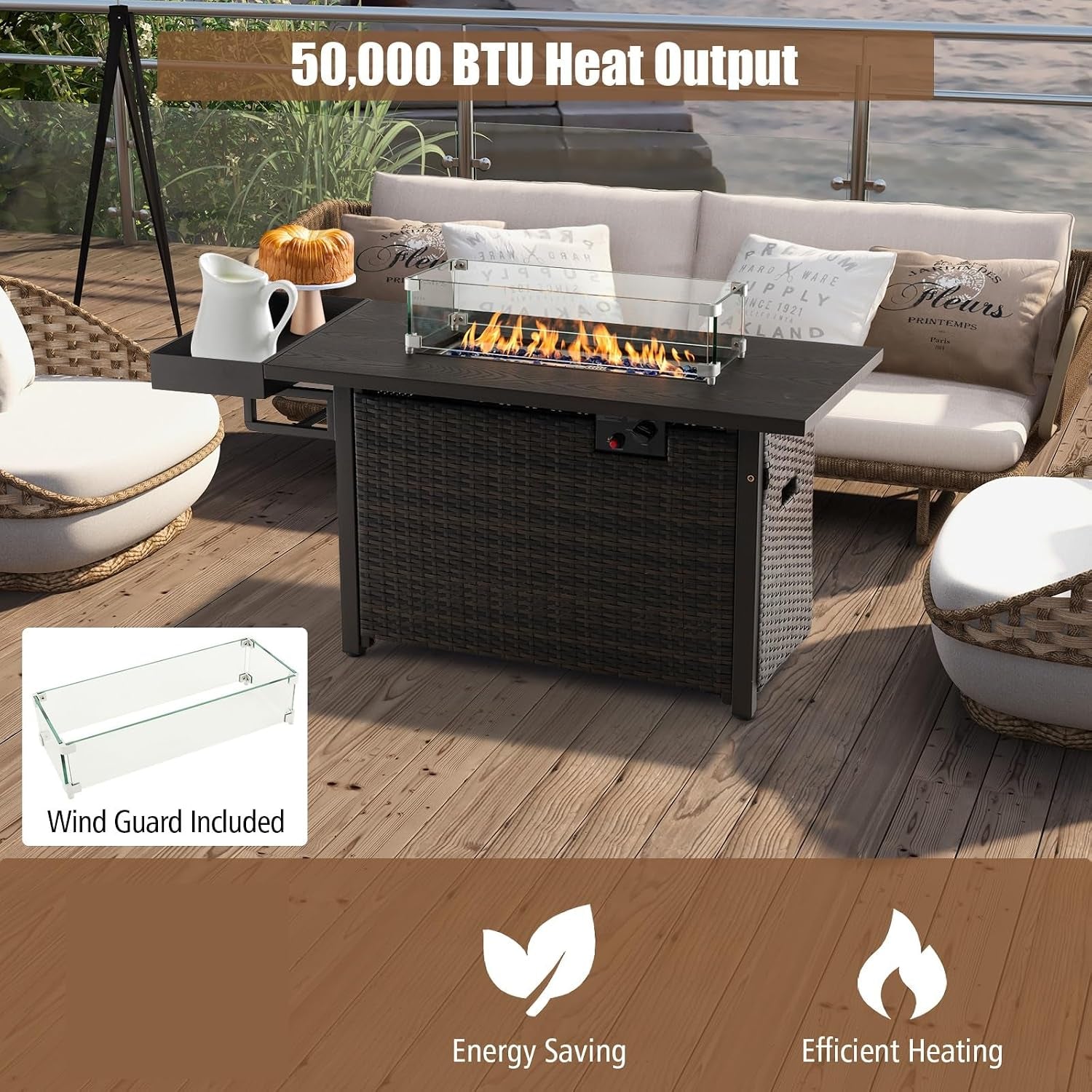 Patio Propane Fire Pit Table, 52 Inch Wicker Gas Fire Pit with Wind Guard & Extended Shelf, 50,000 BTU Heat Output, Rectangular Fire Table with Blue Fire Stone & Waterproof Cover (Brown)
