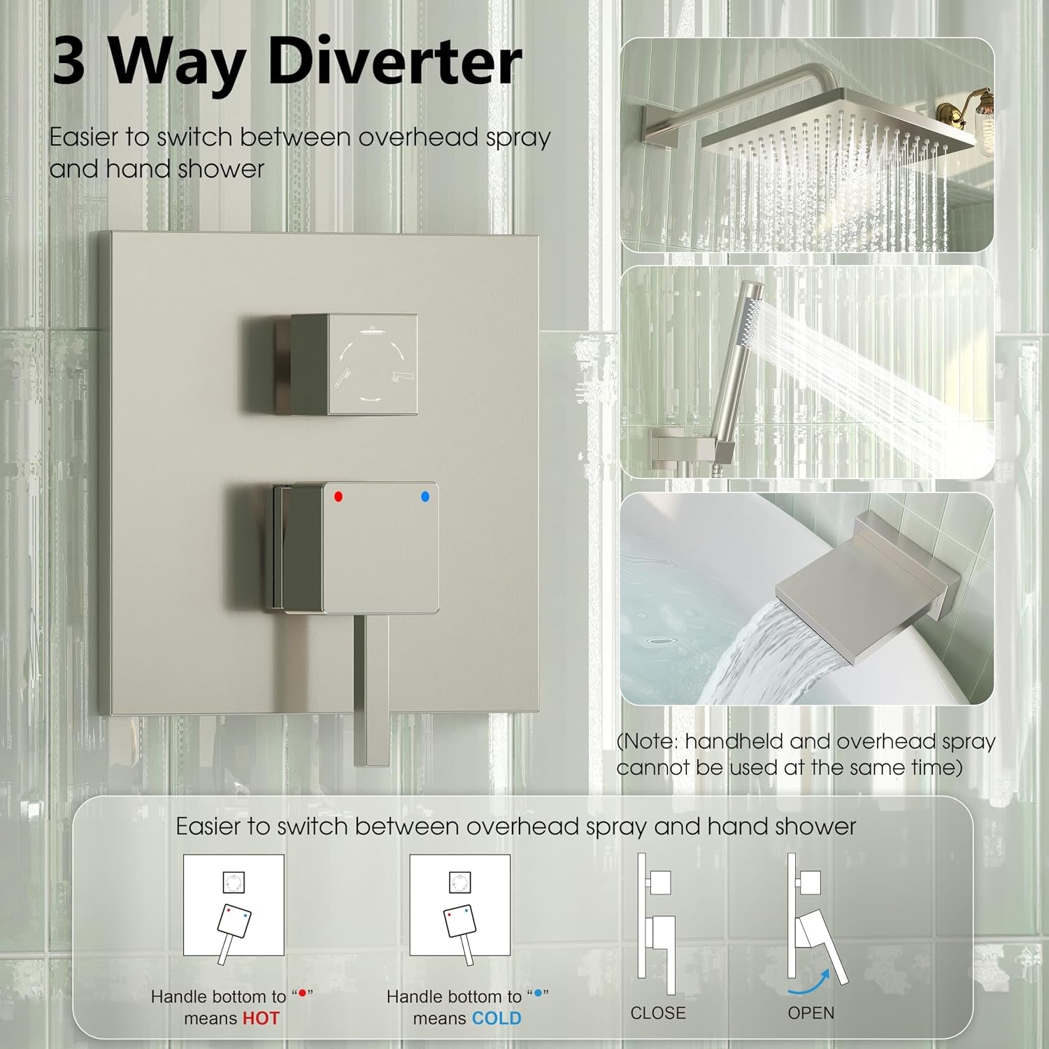 Shower System with Tub Spout, Wall Mounted Bathtub Shower Faucet Set, 10 Inch Rain Shower Head and Handheld Shower Head Set, High Pressure Tub Shower Kit with Shower Valve, Brushed Nickel