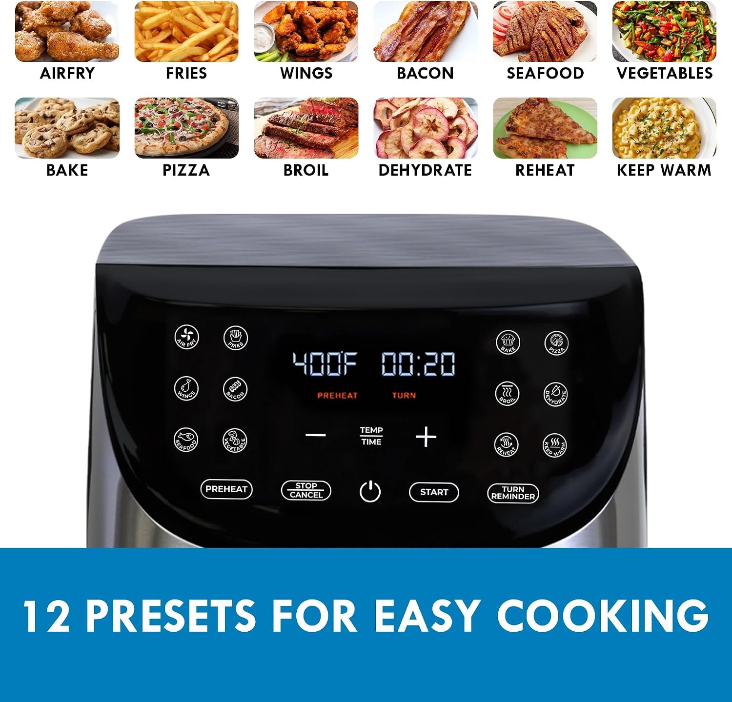 Kenmore Air Fryer - 8 Quart Aerogrill, Non-Stick Frying Basket, French Fry, Digital Touch Screen, 12 Presets, Freidora Eléctrica, Countertop Cooking Kitchen Appliance, Stainless Steel, Black
