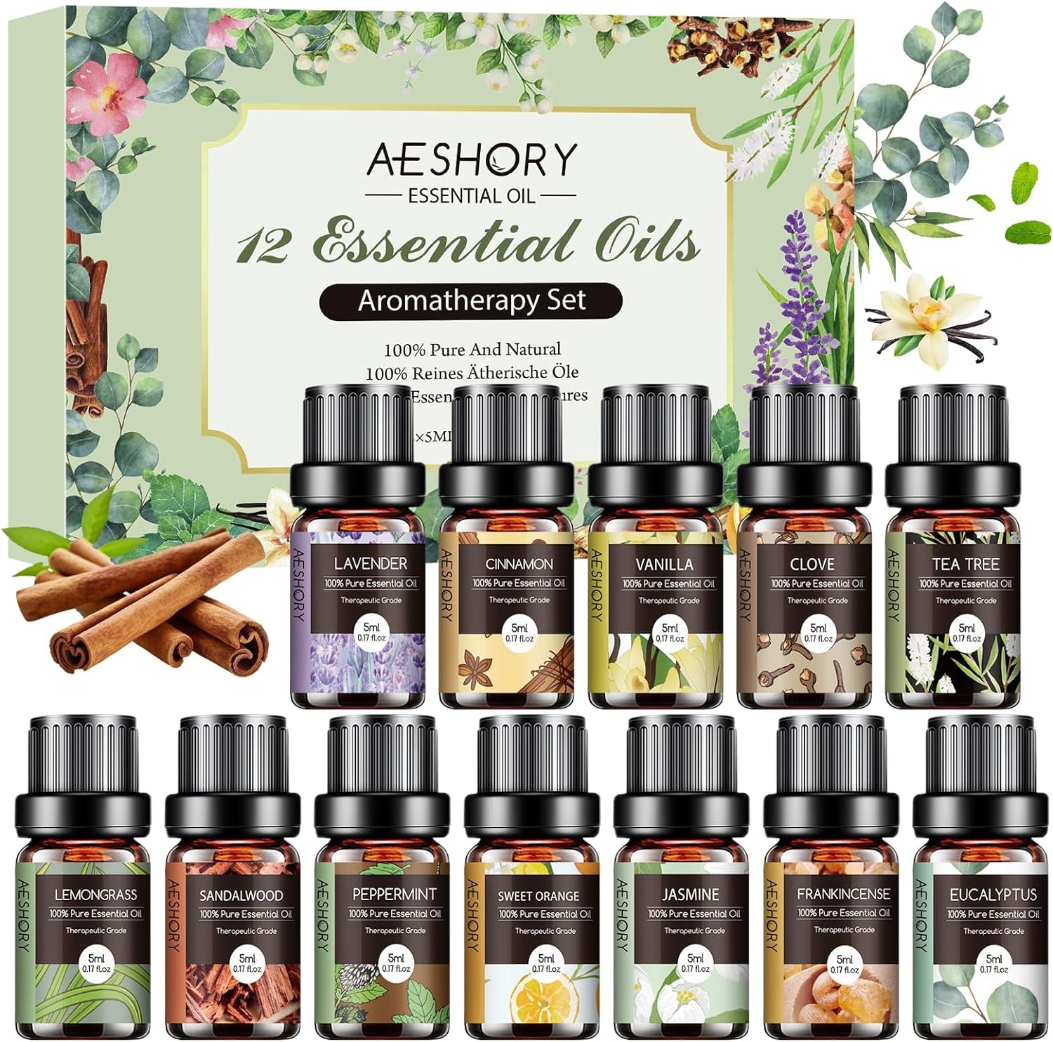 Essential Oils Set - 12 Pcs Organic Aromatherapy Essential Oil Kit for Diffuser, Humidifier, Aromatherapy, Massage, Soap, Candle Making (5Ml)