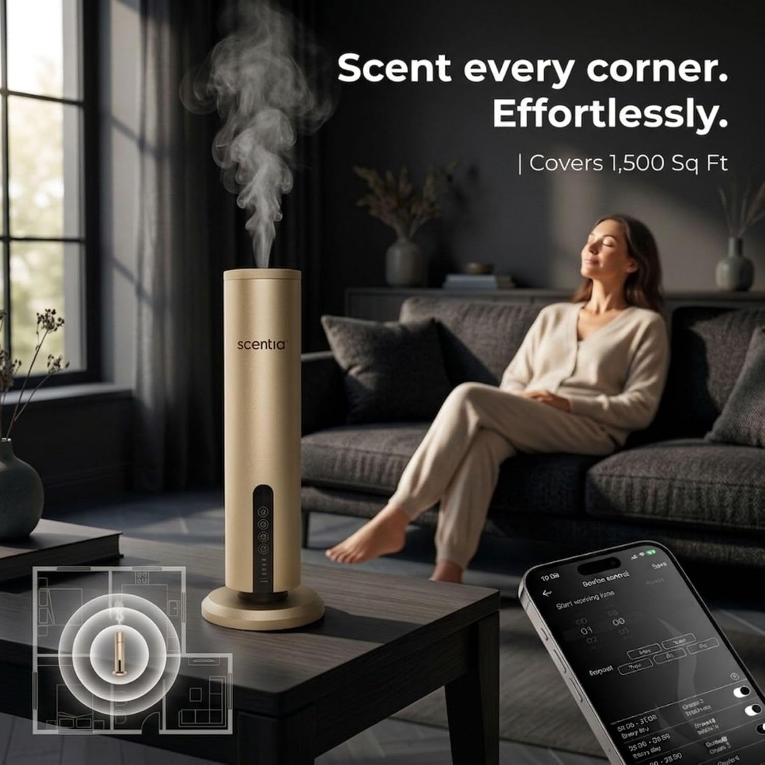 Wireless Waterless Cold-Air Scent Diffuser, App Control, 1500 Sq. Ft Gold