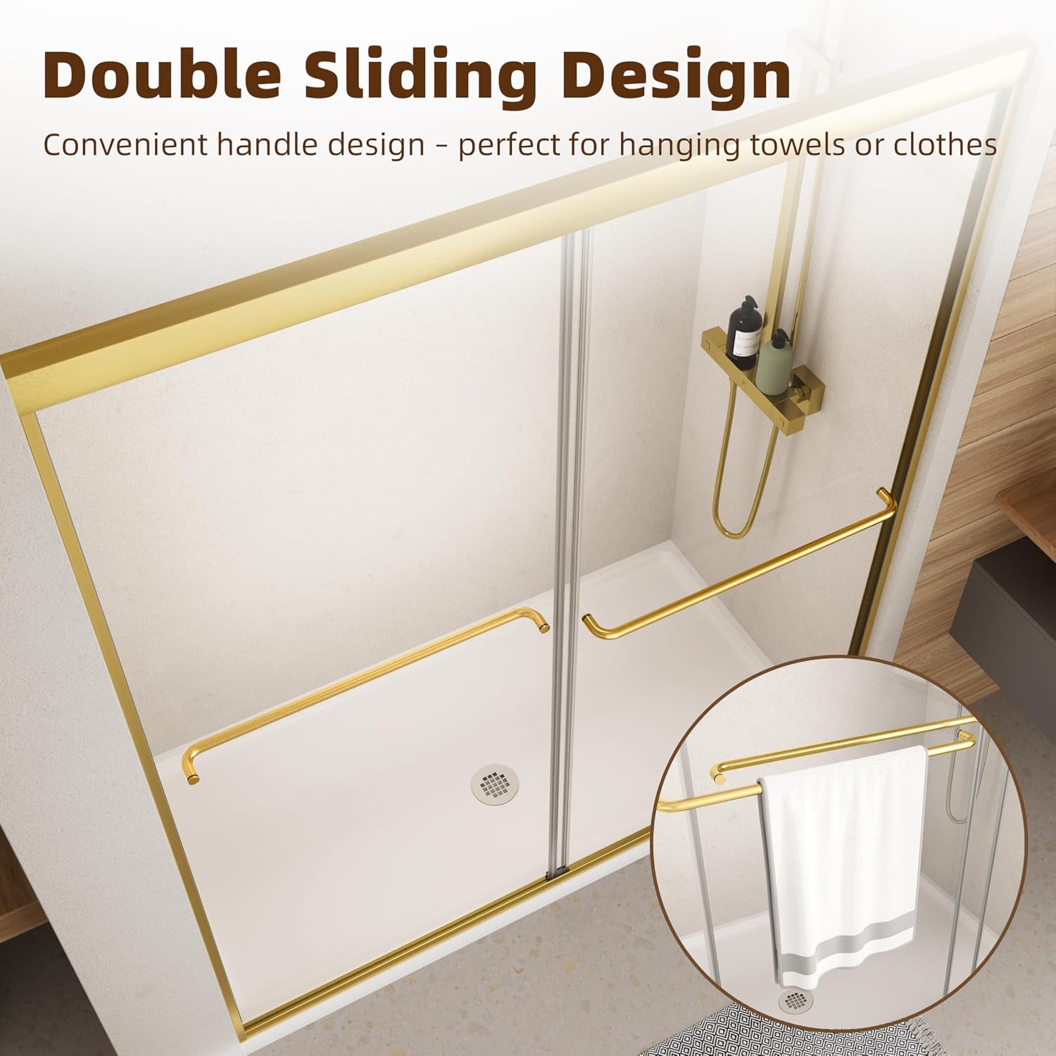 Double Sliding Shower Door,44-48" W X 70" H，Brush Gold