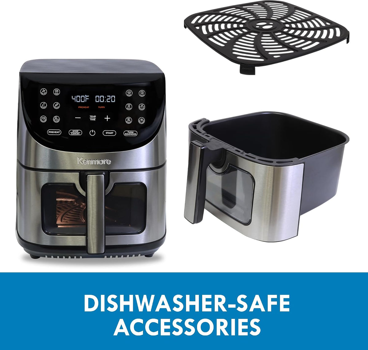 Kenmore Air Fryer - 8 Quart Aerogrill, Non-Stick Frying Basket, French Fry, Digital Touch Screen, 12 Presets, Freidora Eléctrica, Countertop Cooking Kitchen Appliance, Stainless Steel, Black