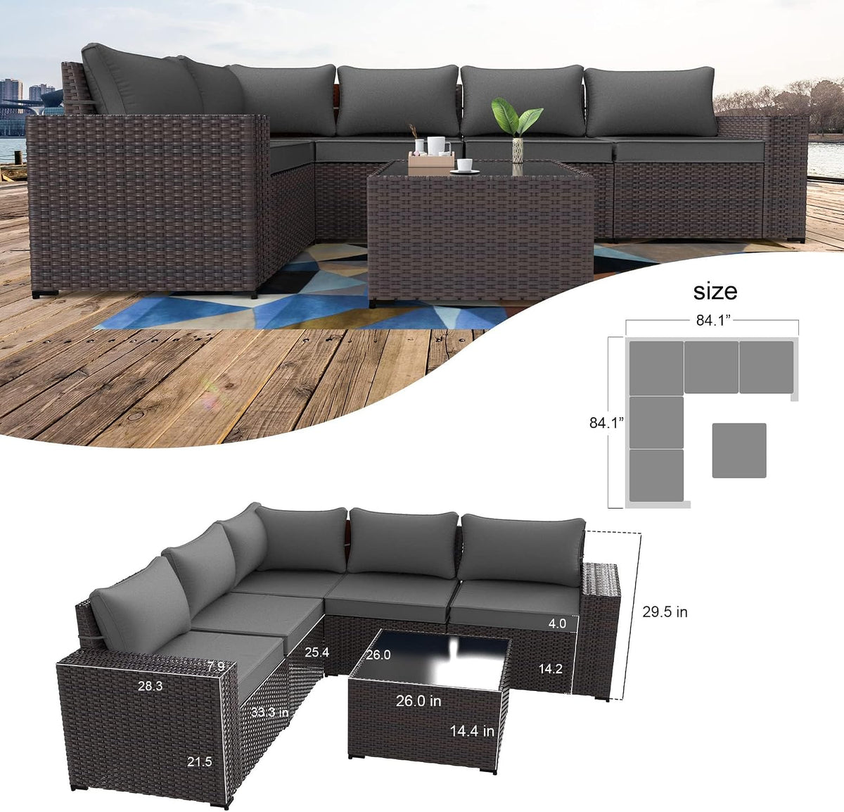 6PCS Outdoor Patio Furniture Set PE Wicker Rattan Sectional Sofa