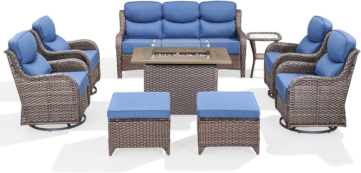 Luxury Patio Furniture Set with 6-Inch Thick Cushion, Outdoor Furniture with Fire Pit Table, Swivel Chairs, Sofa, Side Table, Ottomans, 9Pcs Wicker Conversation Set (Brown Wicker | Blue Cushion)