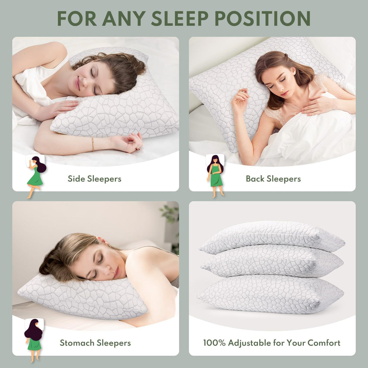 Pillows Queen Size Set of 2 - Cooling Shredded Memory Foam Pillow for Sleeping 2 Pack, Adjustable Cool Bed Pillows for Side, Back, and Stomach Sleepers, Gel Pillow Washable Removable Cover