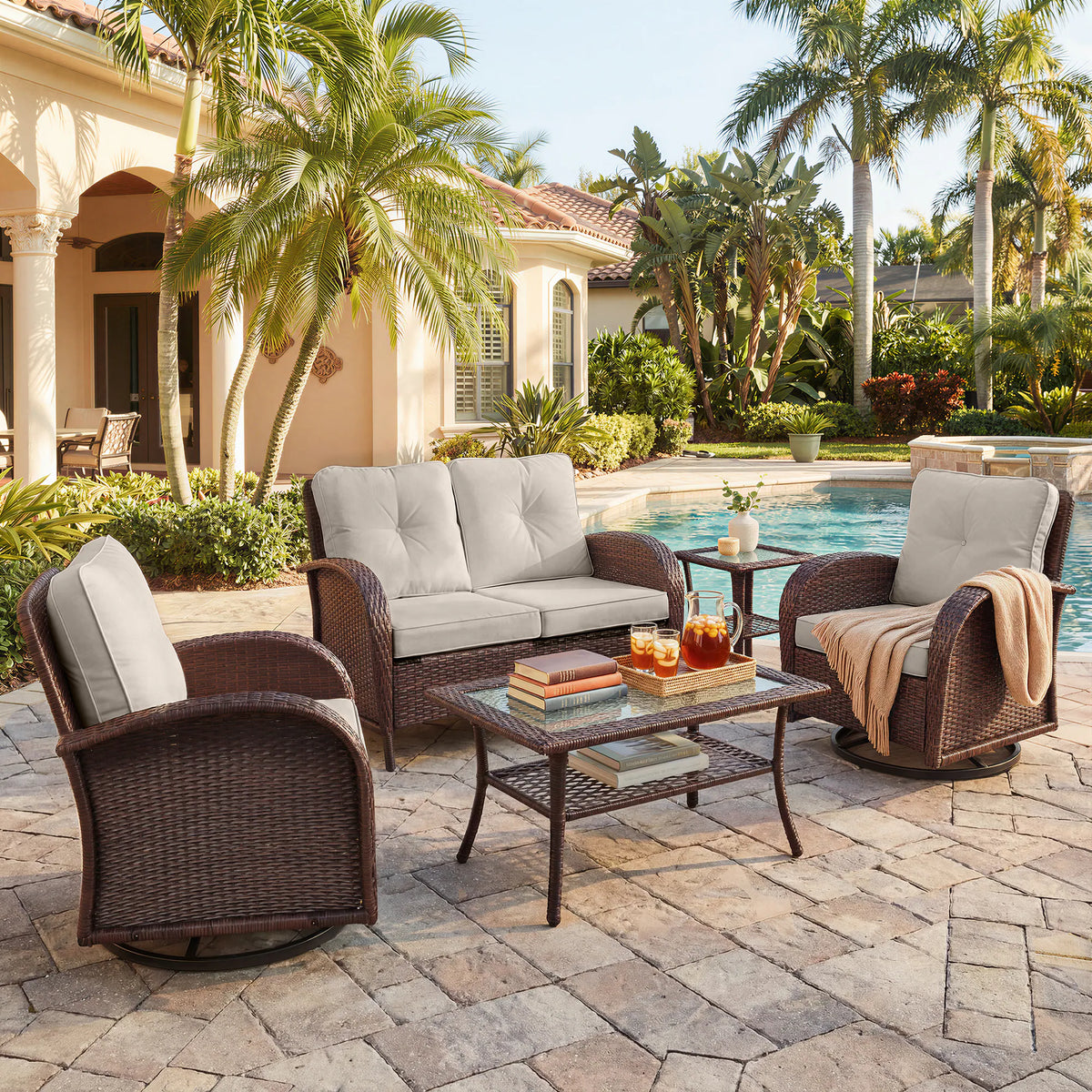 5 -Piece Wicker Patio Conversation Set with Navy Cushions Included