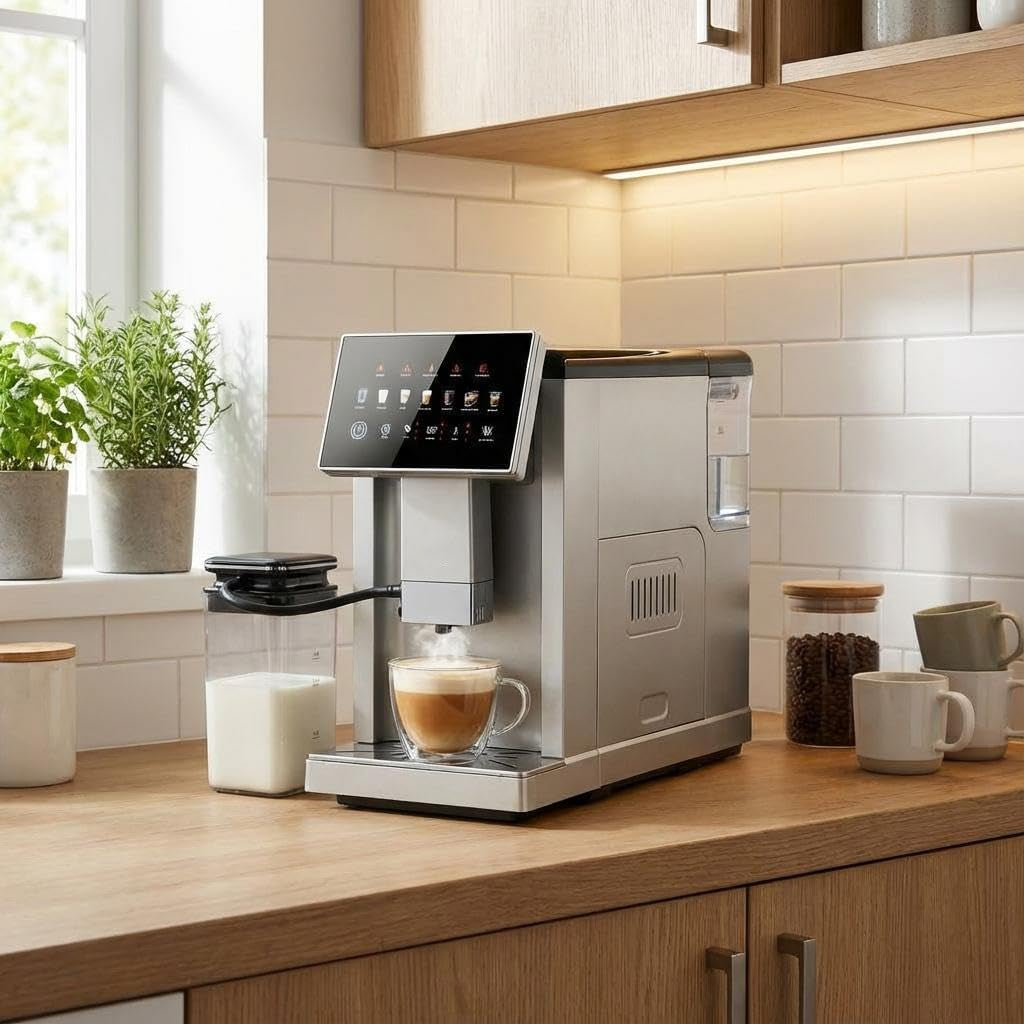 Super Automatic Espresso Machine with Built-In Grinder & Milk Frother, 20 Bar Dual Boiler Coffee Maker for 7 Drinks, Self-Cleaning System and Maintenance Alerts, Home Cappuccino & Latte Machine,Silver
