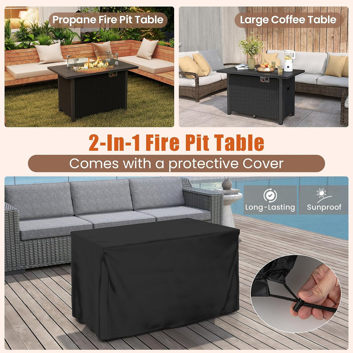 Outdoor Propane Fire Pit Table, 42 Inch Rectangular Rattan Fire Table with Wind Guard & Glass Rocks, 50,000 BTU Smokeless Gas Fire Pit for outside Patio (Black)