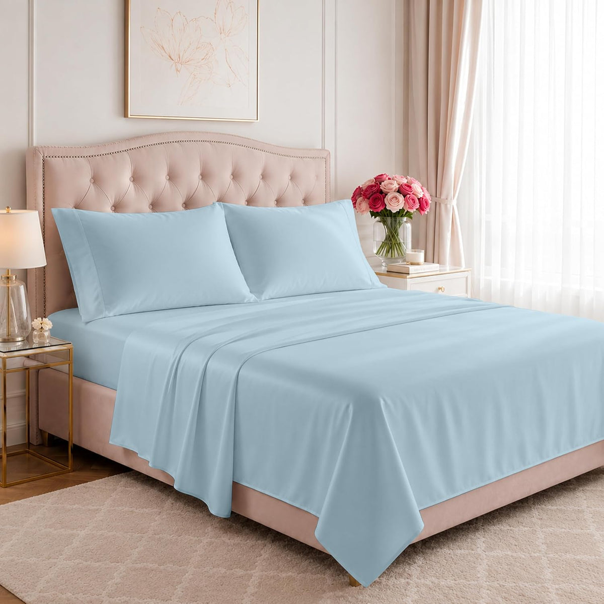 Egyptian Cotton Sheets King Size - Luxury 1200 Series High Thread Count King Size Sheets Set (4 PC, Light Blue) Silky Soft, Cooling, Sateen Weave, 17" Deep Pocket, Hotel Bed Sheet Set