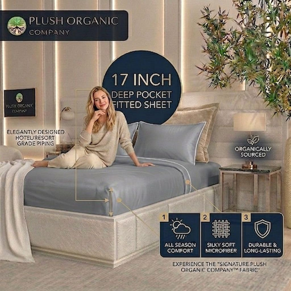 King Luxury 4 Piece Bedsheet Set, Harbor Mist with White Piping, Cooling Resort Bedding, Ultra Soft, Viscose Derived from Bamboo,Organically Grown, 300 Thread Count