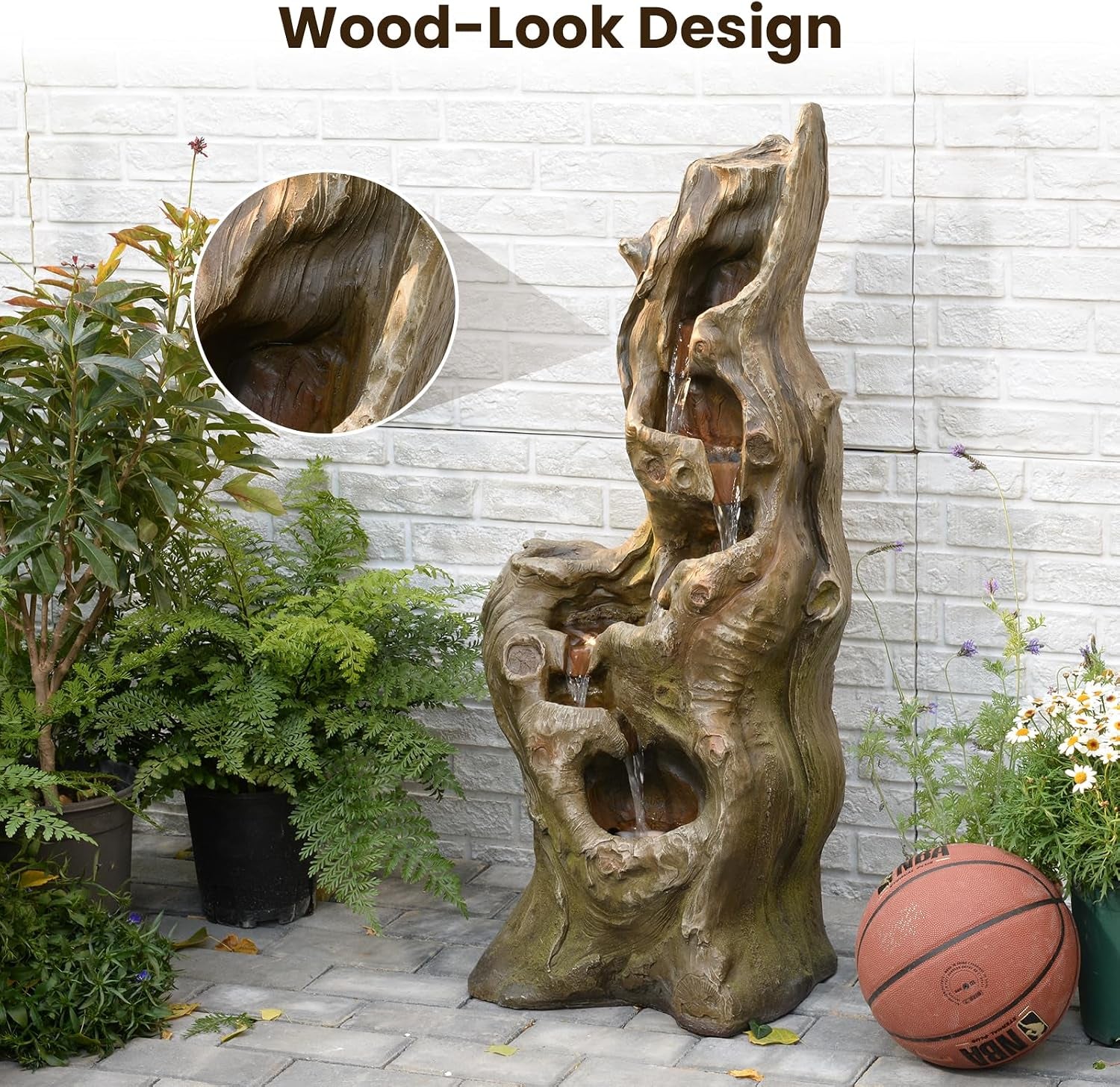 Water Fountain Outdoor, 5-Tier Cascading Realistic Tree Waterfall