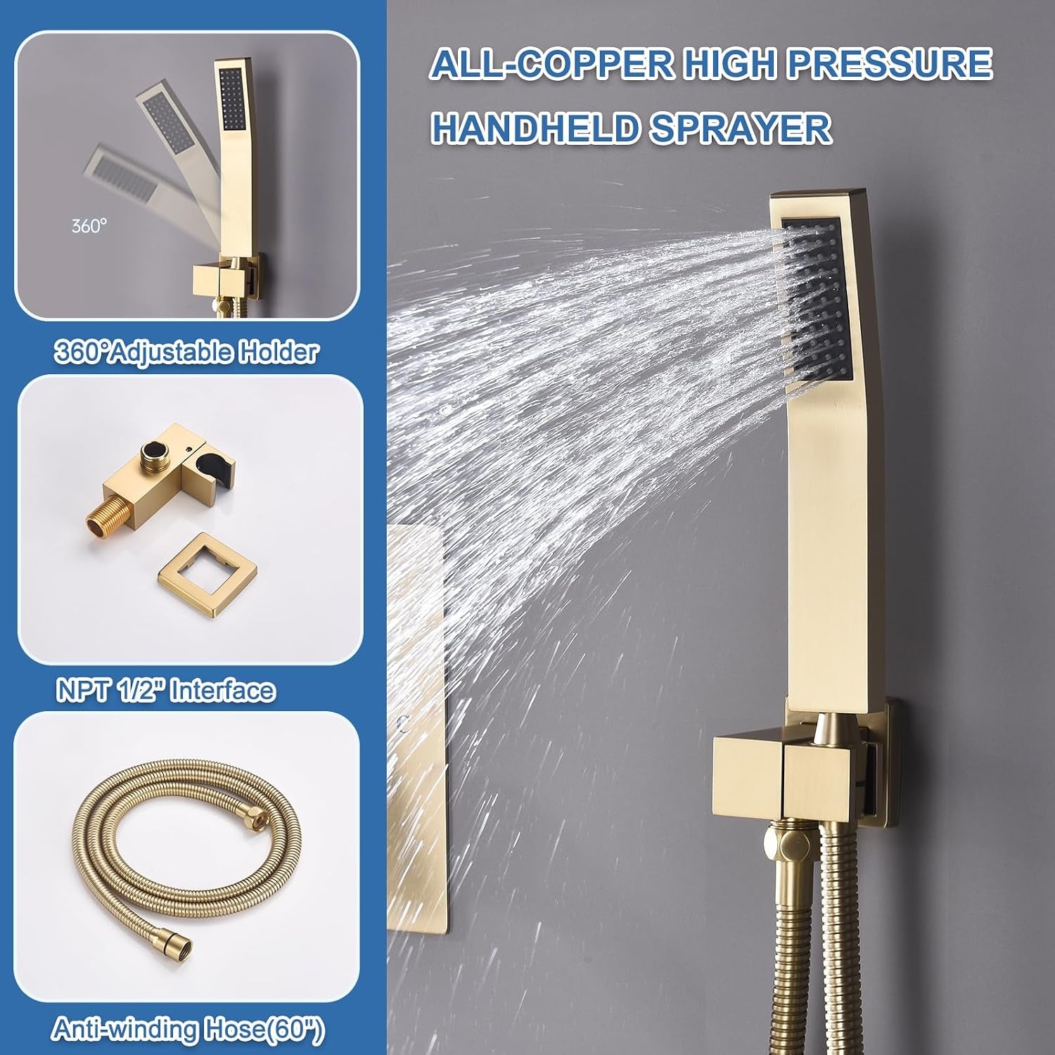 Dual Shower Head System Brushed Gold 12" Ceiling Mount Rainfall Shower and 6" Wall Mounted Shower Head System with Handheld Spray, Push Button Diverter Shower Faucet Set, Can All Run Together