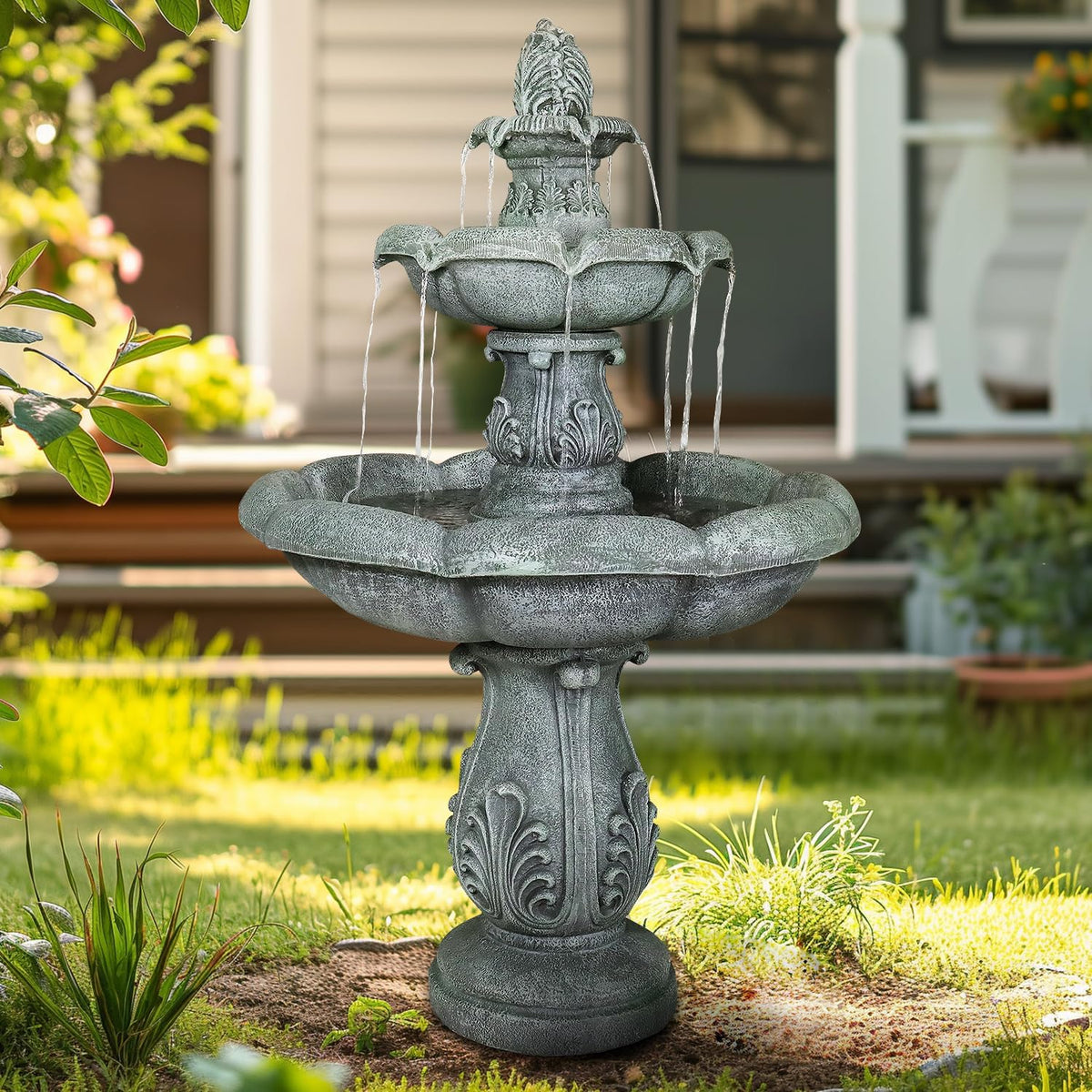 48" High 3-Tiers Modern Concrete Outdoor Water Fountain - round Large Outdoor Fountains and Waterfalls for Garden, Patio, Yard, and Deck Decor, Featuring Natural Stone Look (Grey, 48 Inch)
