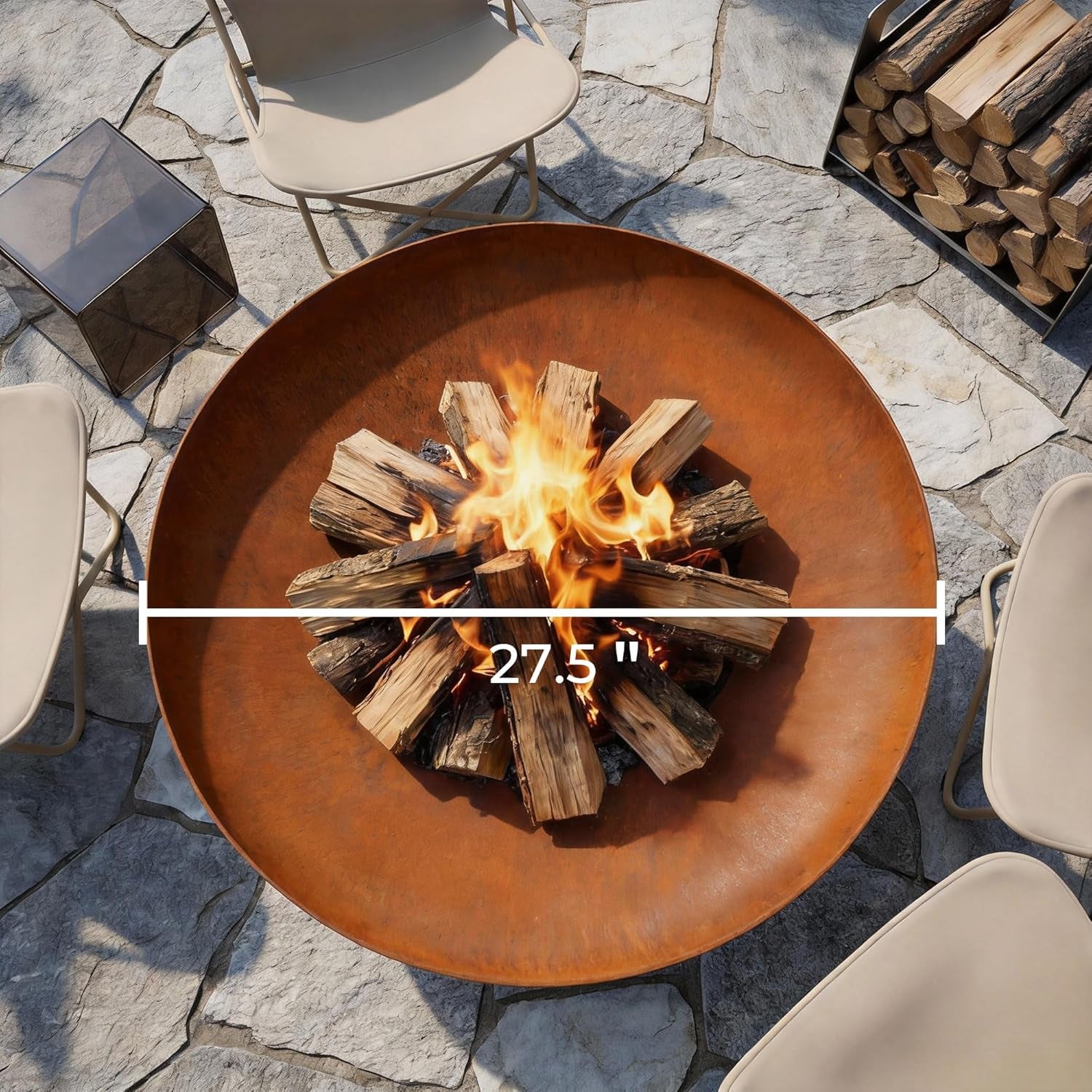 Fire Pit for outside Wood Burning, 27.5 Inch round Firepit Bowl Outdoor and Patio, Heavy-Duty Steel Bonfire Pit Oxidized Finish, Free-Standing, Camping Backyard Terrace