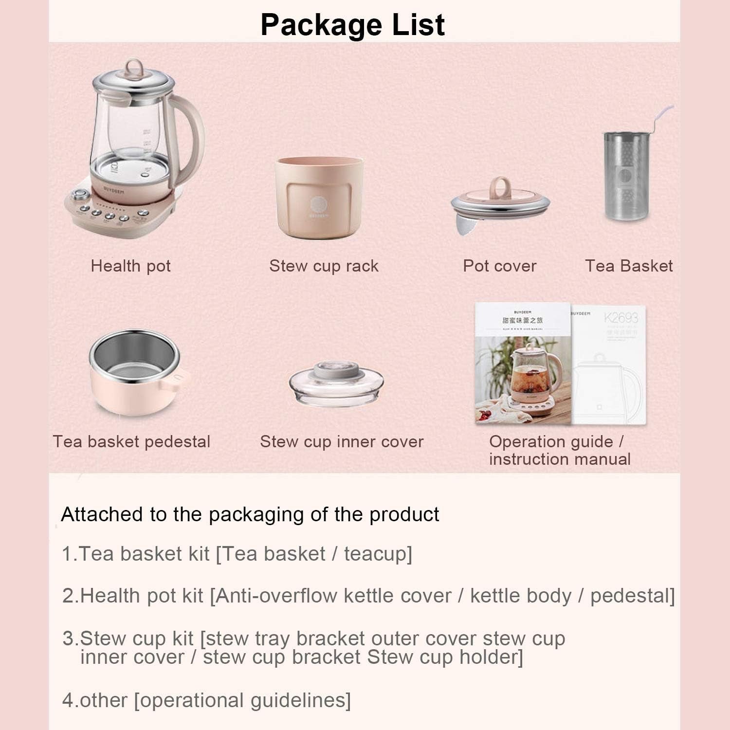 K2693 Health Pot, Health-Care Beverage Electric Kettle with Thickened Glass, 9-In-1 Fully Automatic Programmable Brew Cooker, 1.5 L, Pink