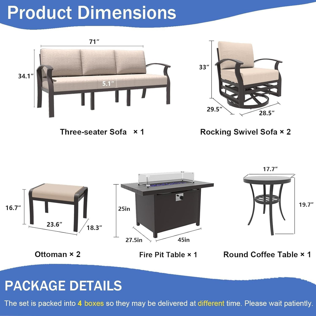 Aluminum Outdoor Patio Furniture Set with 5.1'' Thick Cushions