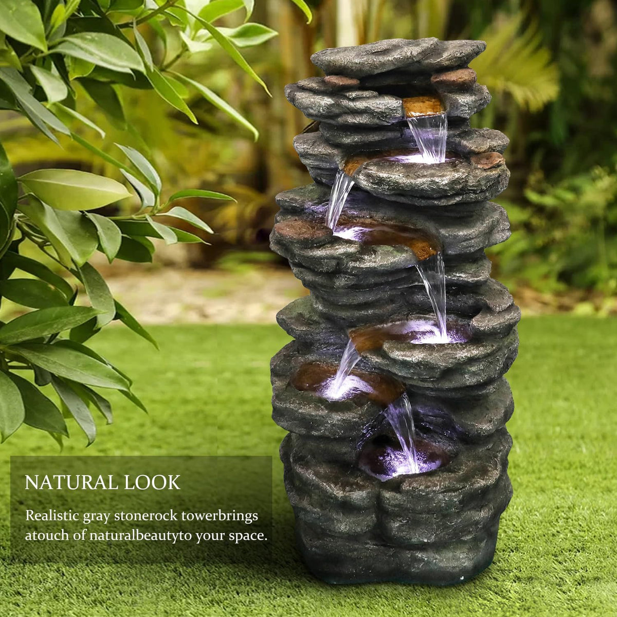 40" High 6-Tiers Cascading Rock Outdoor Water Fountain with LED Lights - Large Outdoor Fountains and Waterfalls for Garden or Patio, Yard, and Deck Decor, Featuring Natural Stone Look