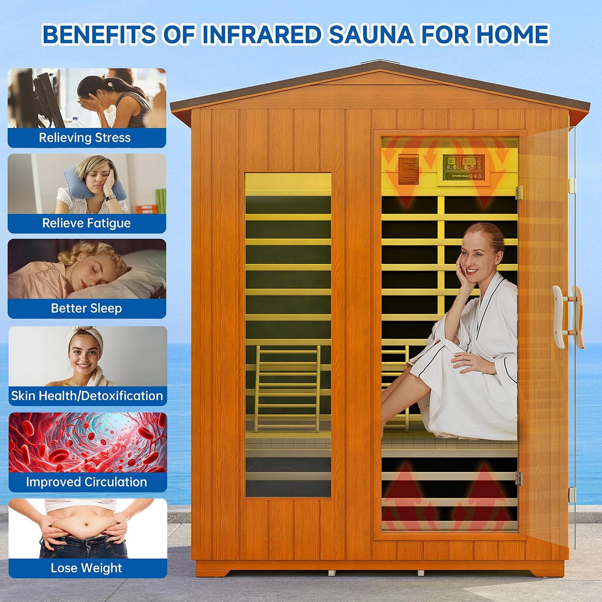 3 Person Outdoor Sauna, Low EMF Infrared Sauna, 7-Color Therapy