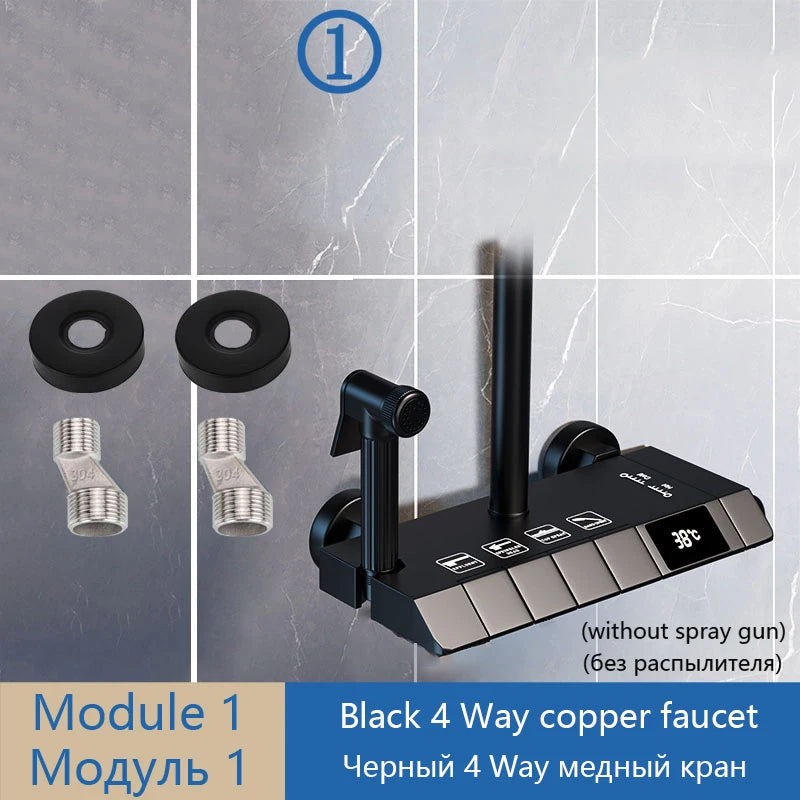 Gray Shower Set Bathroom Copper Shower System LED Digital Display Temperature Bathtub Shower Faucet DIY Shower Accessories Sets