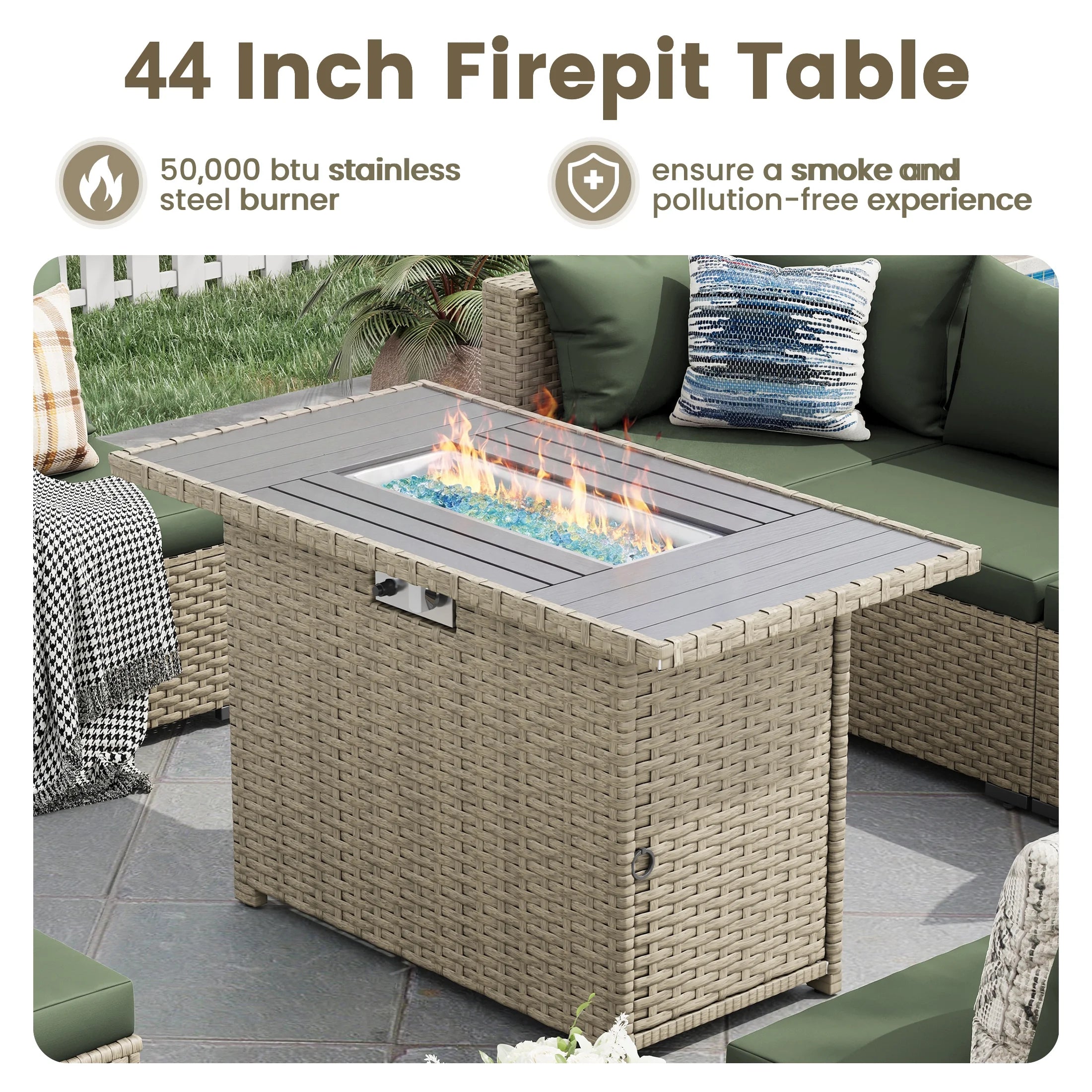 Outdoor Patio Furniture Set with Fire Pit Table, 8 Piece Outdoor Sectional Sofas, All-Weather Wicker Patio Conversation Set for Garden, Green