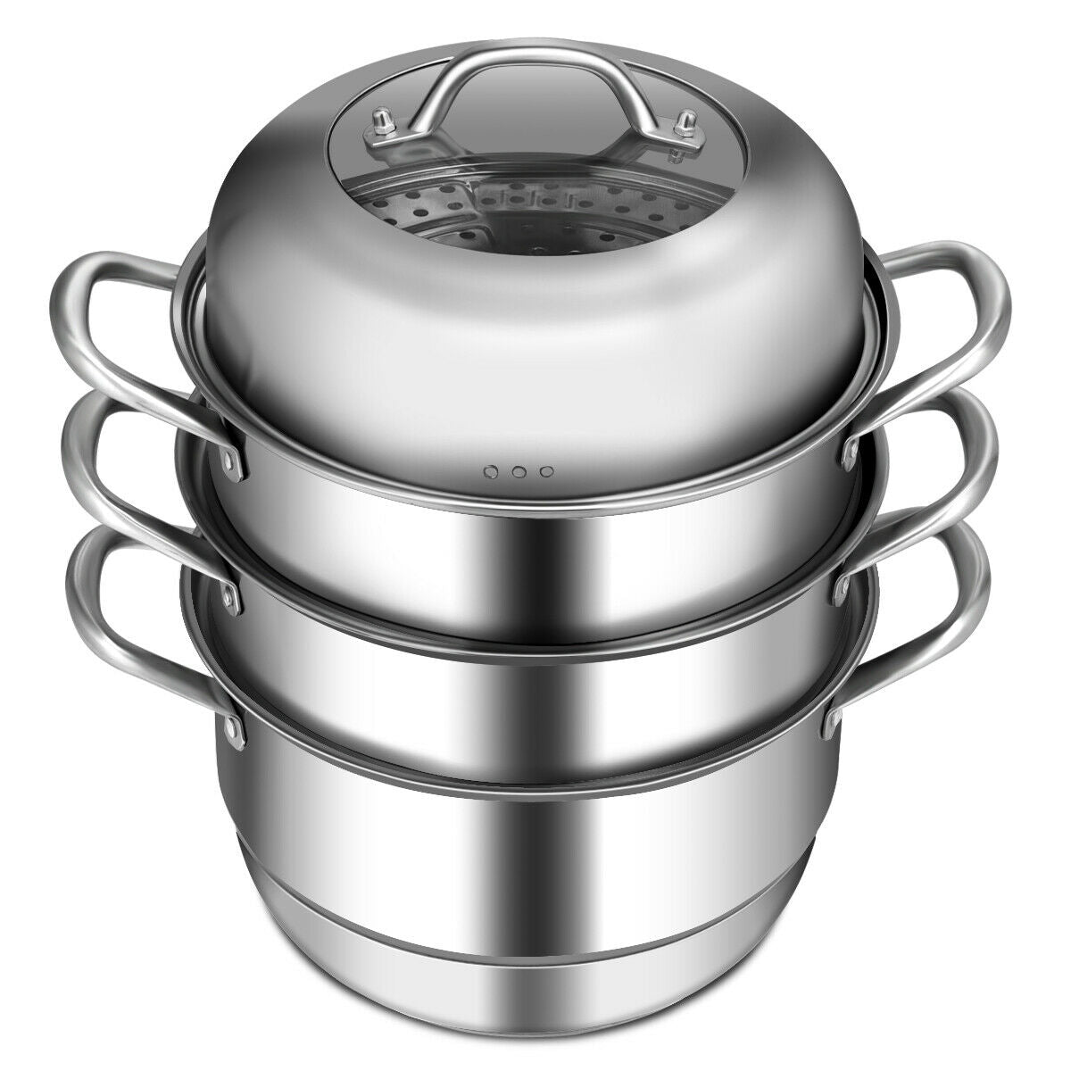 High-angle view of 3 tier stainless steel steamer showing perforated baskets through glass lid and ergonomic side handles