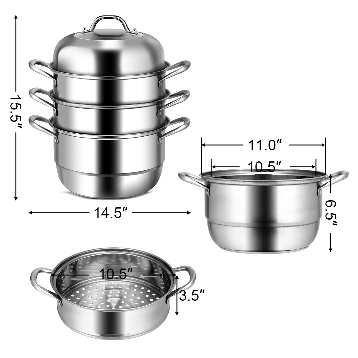 Technical diagram of 3 tier stainless steel steamer dimensions including height, width, and diameter measurements