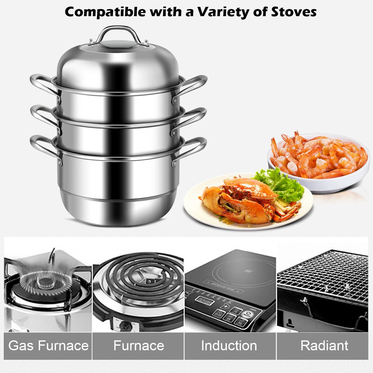 Three-tier stainless steel steamer stack next to cooked crab and shrimp above icons for gas, electric, and induction