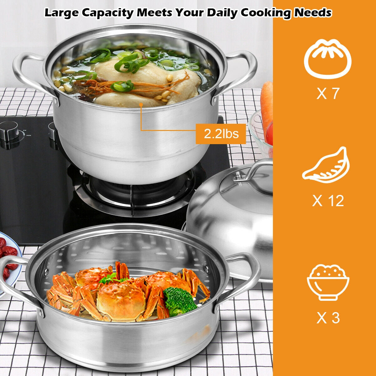 Large capacity 3 tier stainless steel steamer filled with soup and crabs next to graphic listing serving capacities