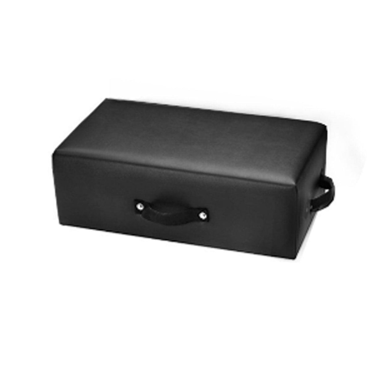 Close-up of rectangular black padded exercise box with smooth upholstery, sturdy side handles secured with silver rivets, and