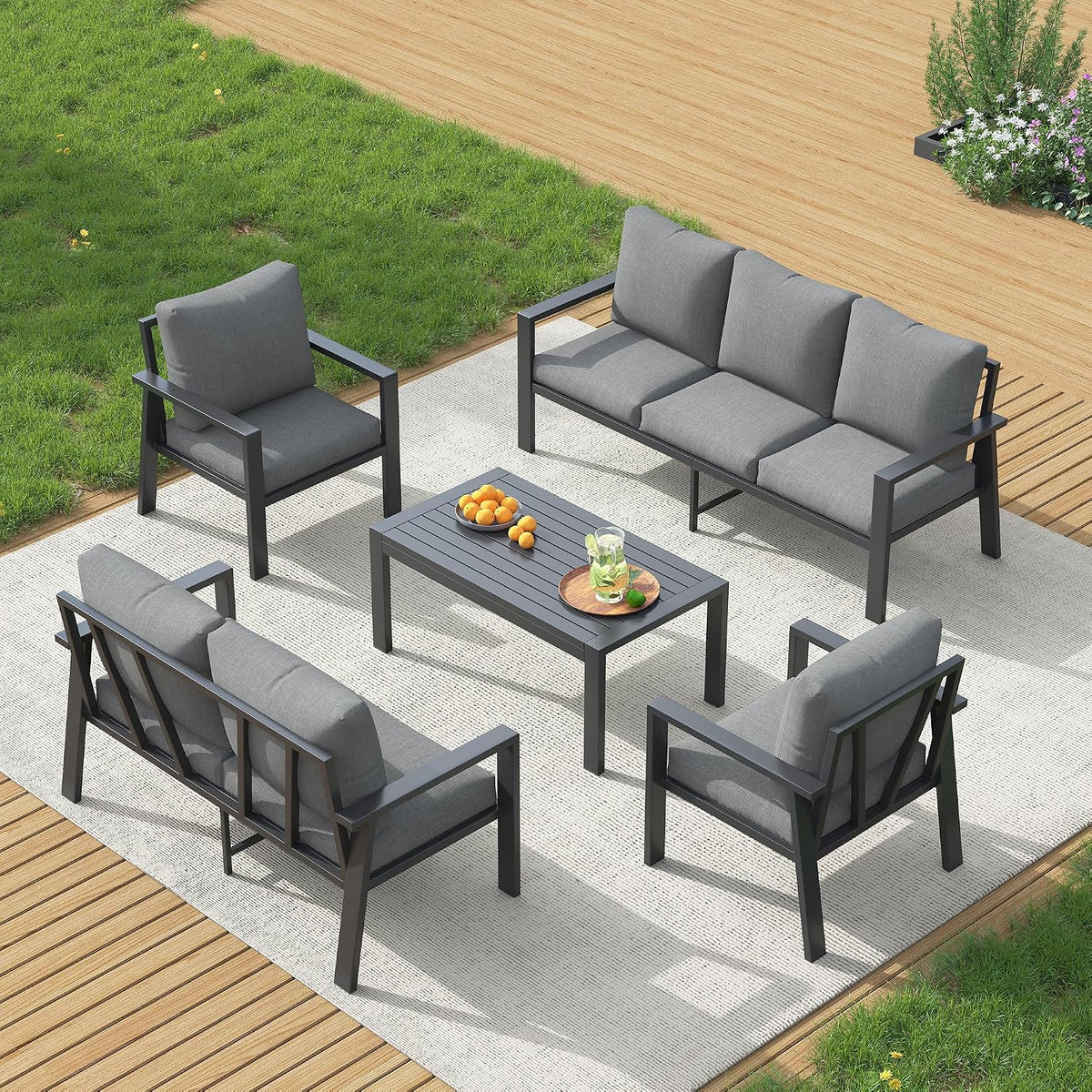 Aluminum Outdoor Patio Furniture Set 5 Pieces Metal Conversation Sets 7 Seat Sectional Sofa Modern Seating Set with Coffee Table for Outdoor Garden Backyard, Dark Grey