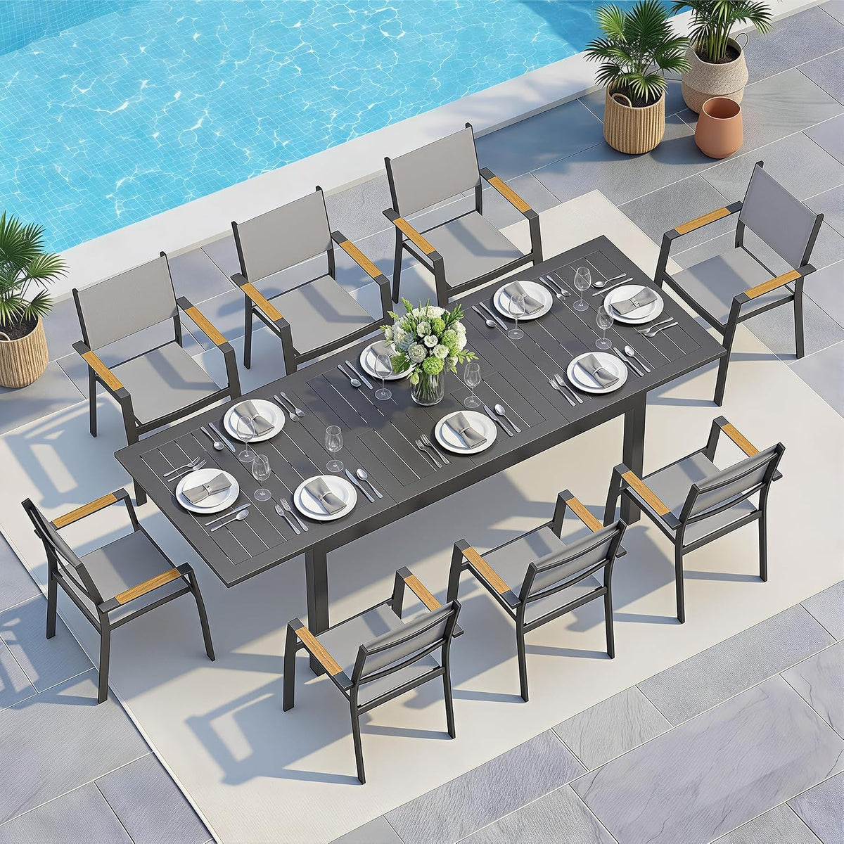 Aluminum Outdoor Patio Table and Chairs Set with 91.7" L-62 L Expandable Dining Table, 9-Pieces Outdoor Dining Set for 8, Patio Furniture Set with Stackable Quick Drying Chairs, Grey
