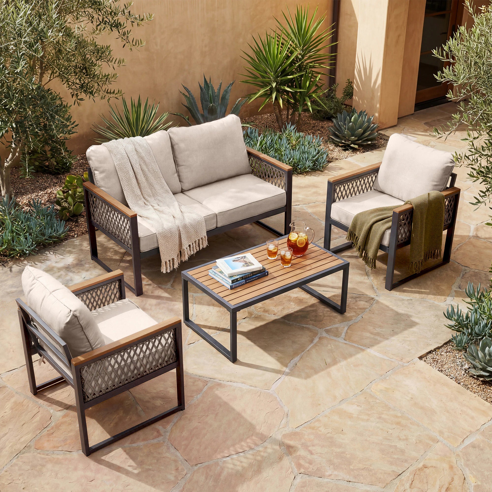 5 -Piece Patio Conversation Set with Beige Cushions Included
