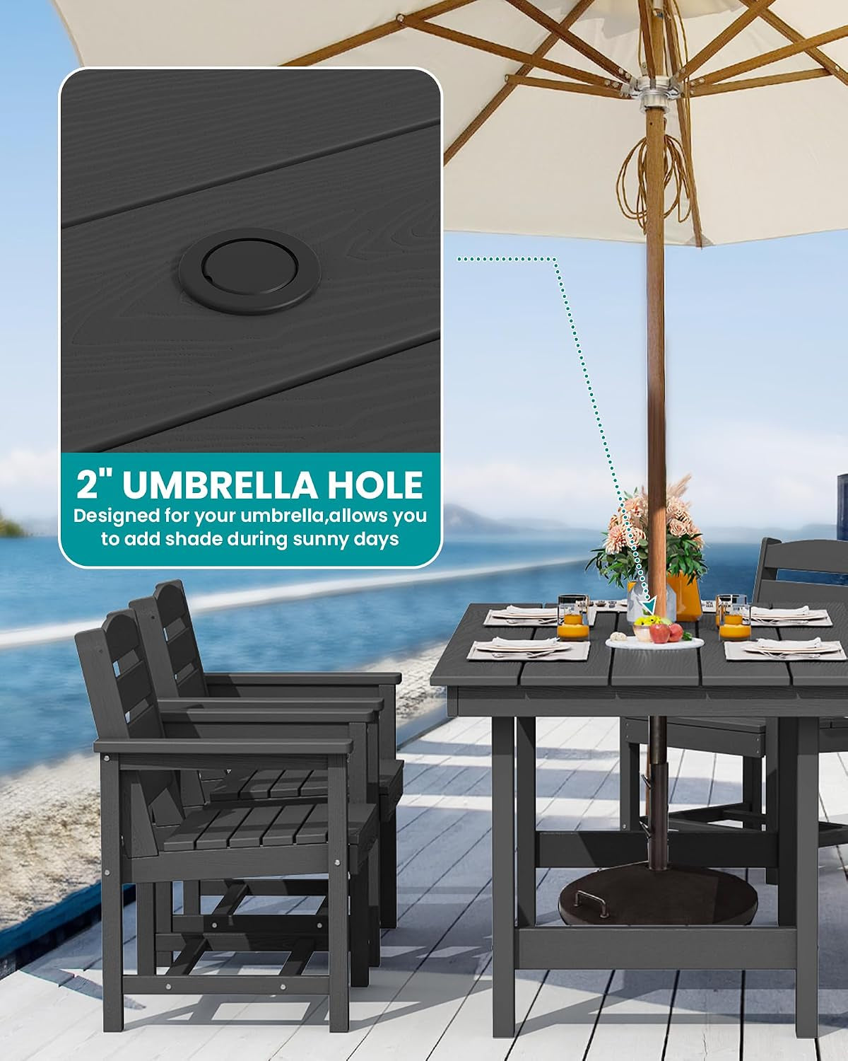 7 Pcs Outdoor Dining Set, 67" HDPE Dining Set for 6, Black