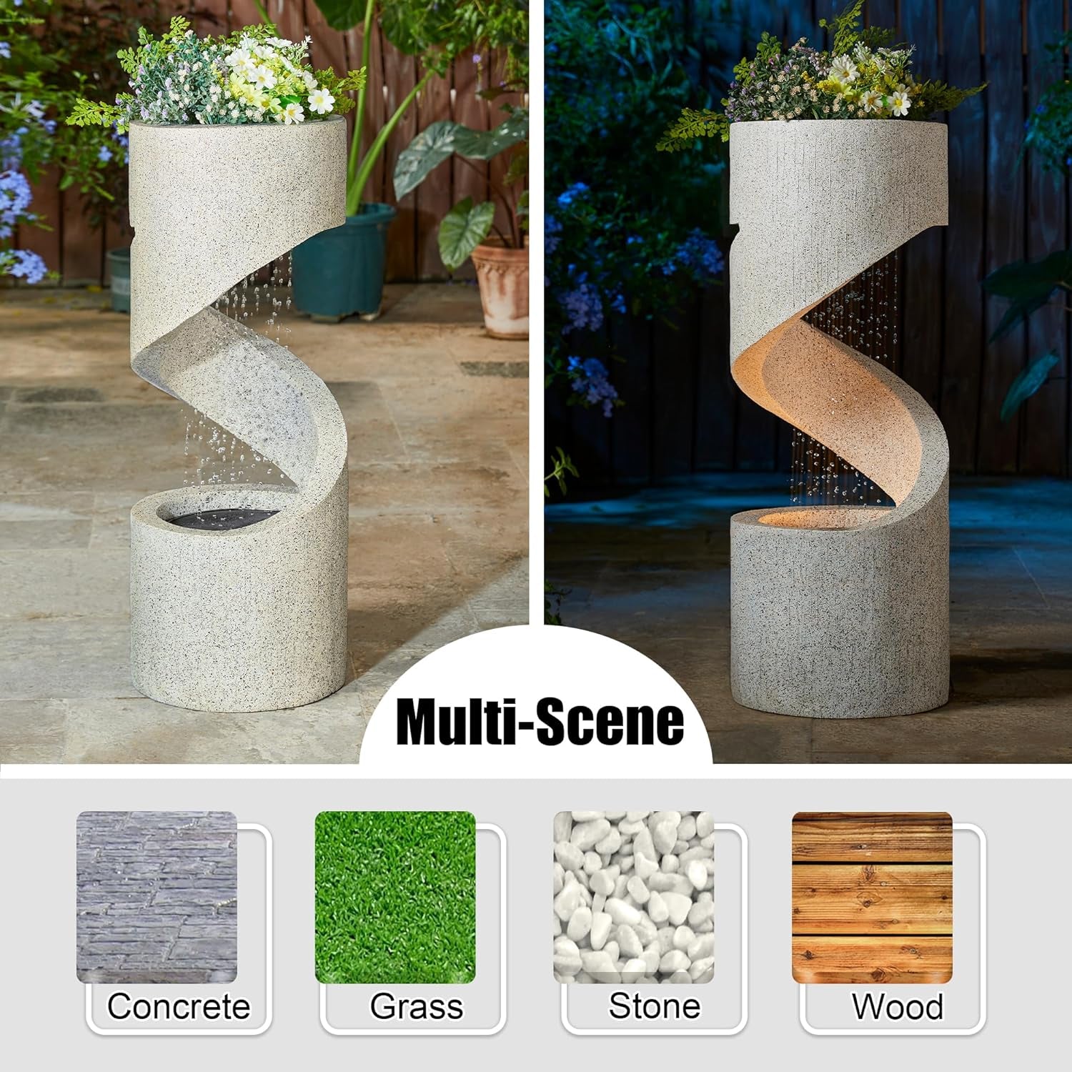 Outdoor Water Fountain with LED Light, Decorative Tiered Curved Waterfall Fountain with Stone Planter, Faux Terrazzo Spiral Shaped Outdoor Fountains for Garden Deck Patio Porch, 31.25”H