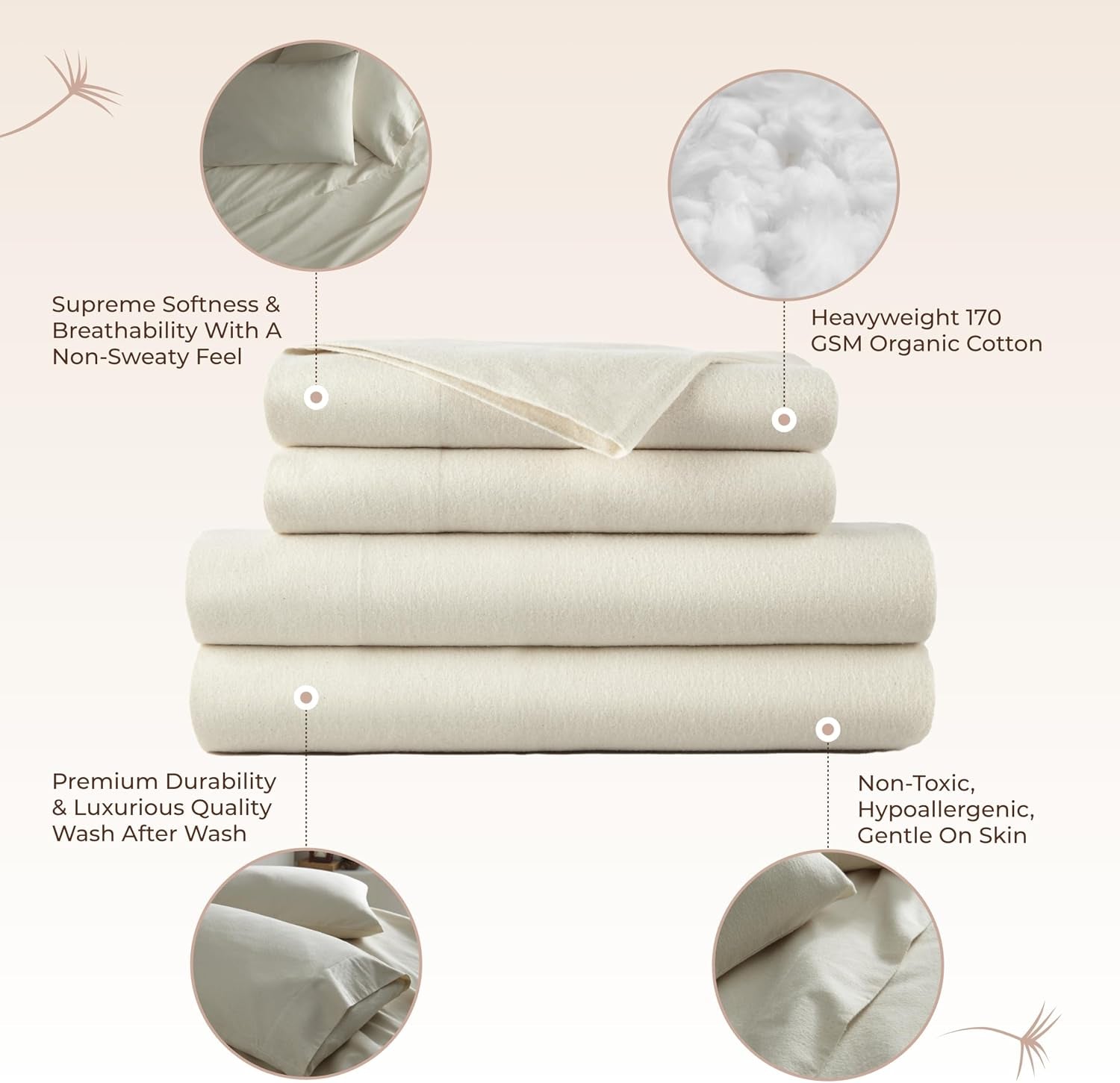 100% Organic Flannel Sheets King Size - GOTS Certified 100% Cotton Flannel Sheets Set with Comfortable Soft Brushed Finish & Deep Pocket - 1 Flat 1 Fitted & 2 Pillowcases (Natural, King)