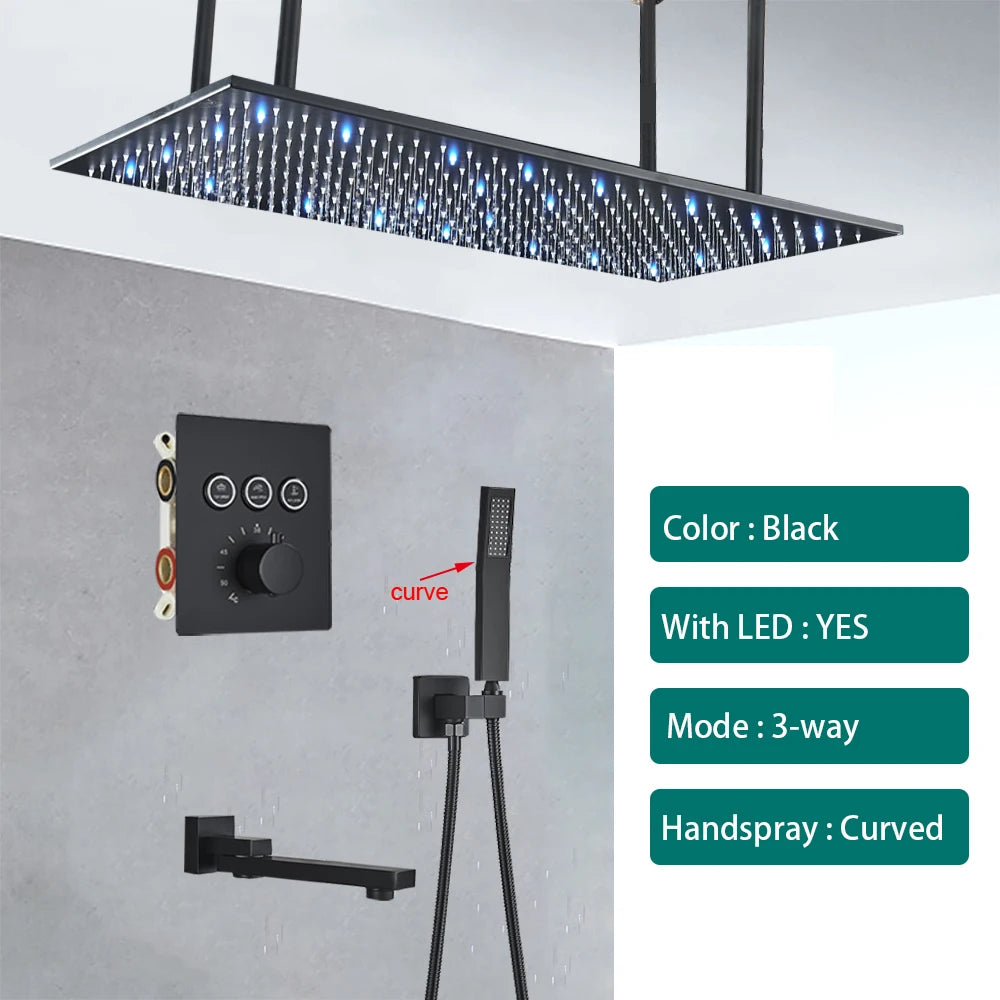 Ceiling Shower Faucet Big Rainfall LED Shower Head Concealed Shower System Black Embedded Shower