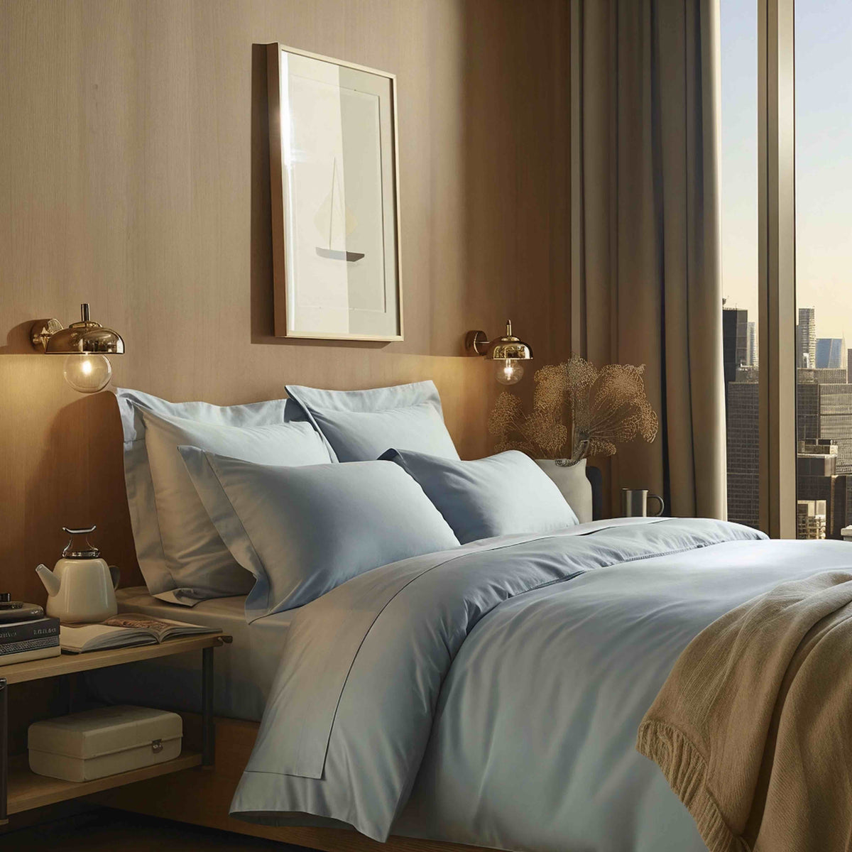 Angled view of light blue duvet cover on wooden frame with brass sconces