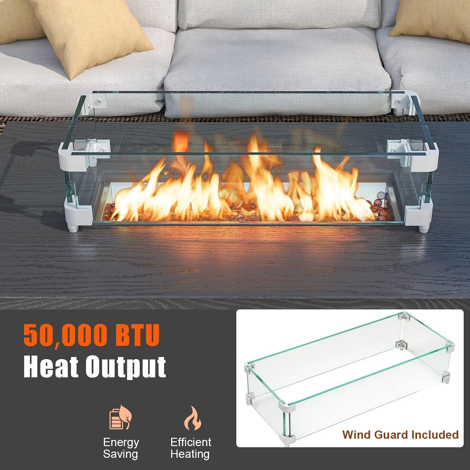 Outdoor Propane Fire Pit Table, 42 Inch Rectangular Rattan Fire Table with Wind Guard & Glass Rocks, 50,000 BTU Smokeless Gas Fire Pit for outside Patio (Black)
