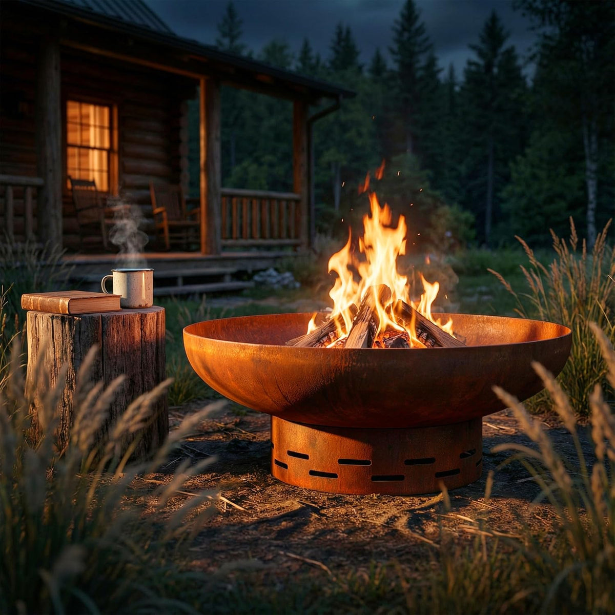 Fire Pit for outside Wood Burning, 27.5 Inch round Firepit Bowl Outdoor and Patio, Heavy-Duty Steel Bonfire Pit Oxidized Finish, Free-Standing, Camping Backyard Terrace