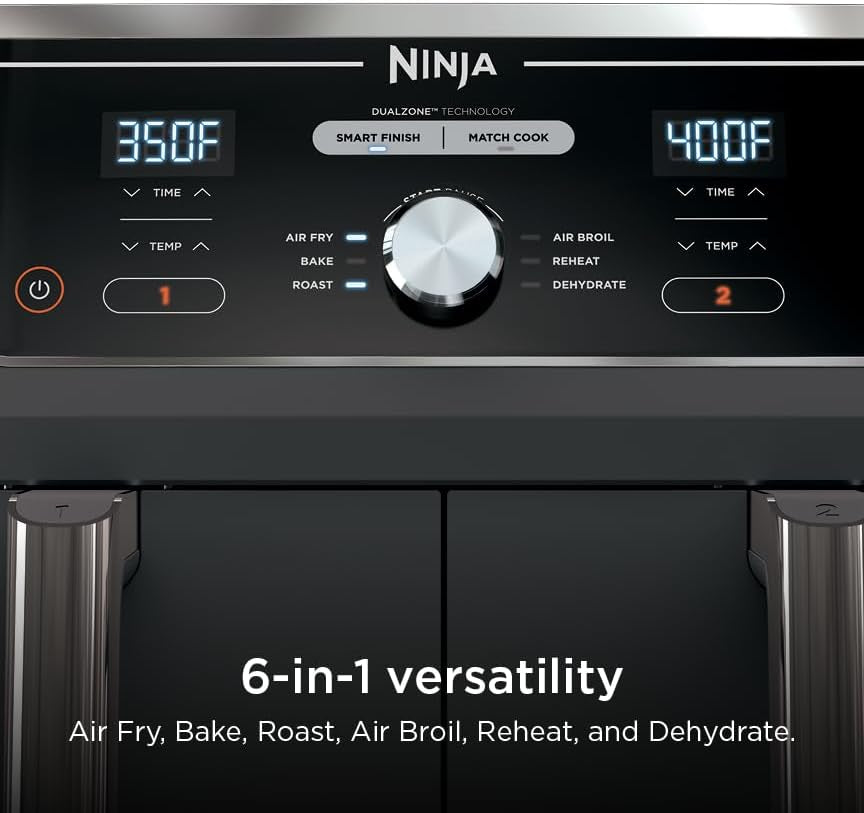 Ninja DZ401 Foodi 10 Quart 6-In-1 Dualzone XL 2-Basket Air Fryer with 2 Independent Frying Baskets, Match Cook & Smart Finish to Roast, Broil, Dehydrate for Quick, Easy Family-Sized Meals, Grey