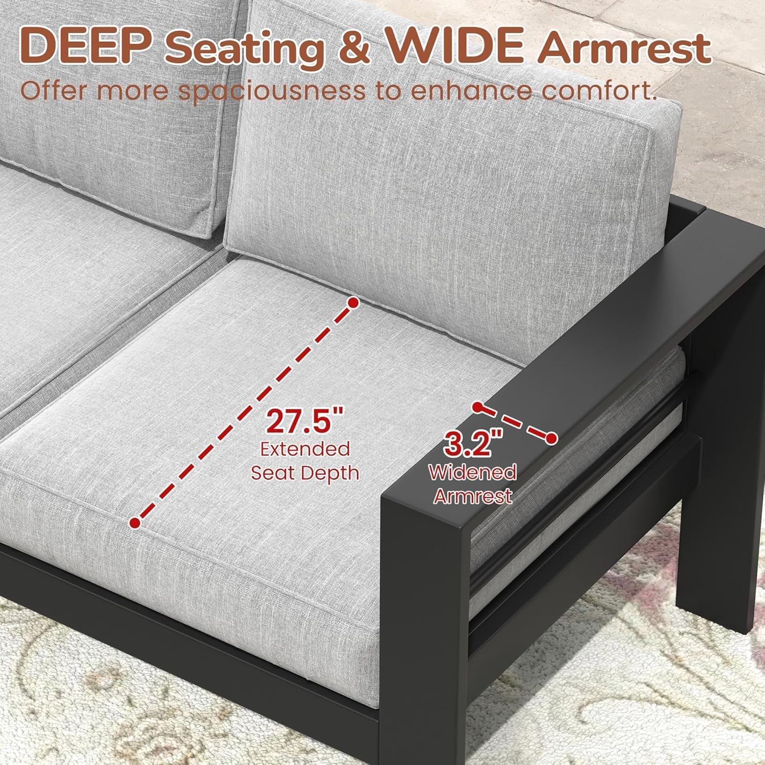 Patio Conversation Sets, Aluminum Outdoor Couch with Outdoor Coffee Table, All-Weather Metal Patio Couch with 5" Thick and Soft Cushion and Wide Arm, Outdoor Sofa Sets for Balcony, Porch, Light Gray